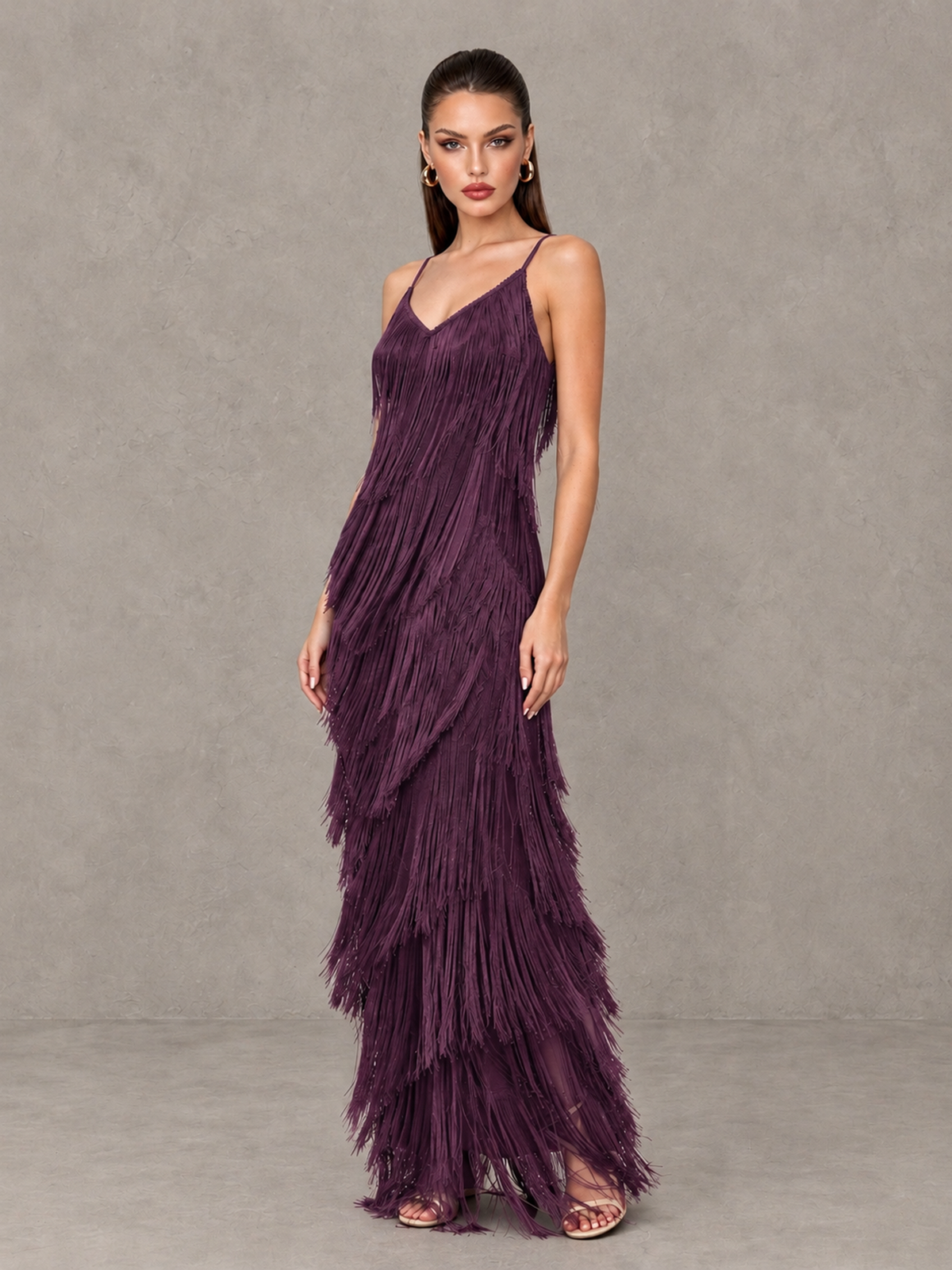 BOLODOO Plum V-Neck Spaghetti Strap Fringe Maxi Evening Dress - Plum - Plum_3