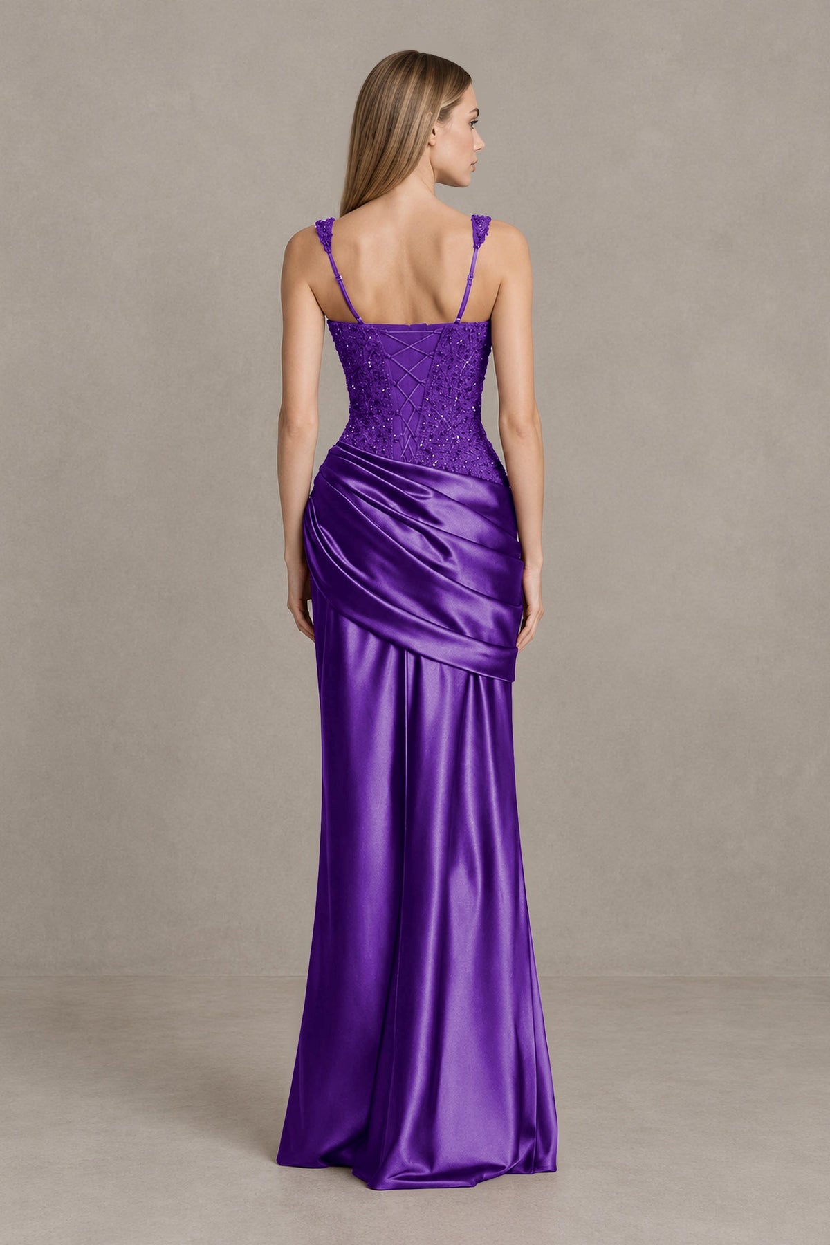 BOLODOO Plum Square Neck Embellished Satin Evening Gown - Plum
