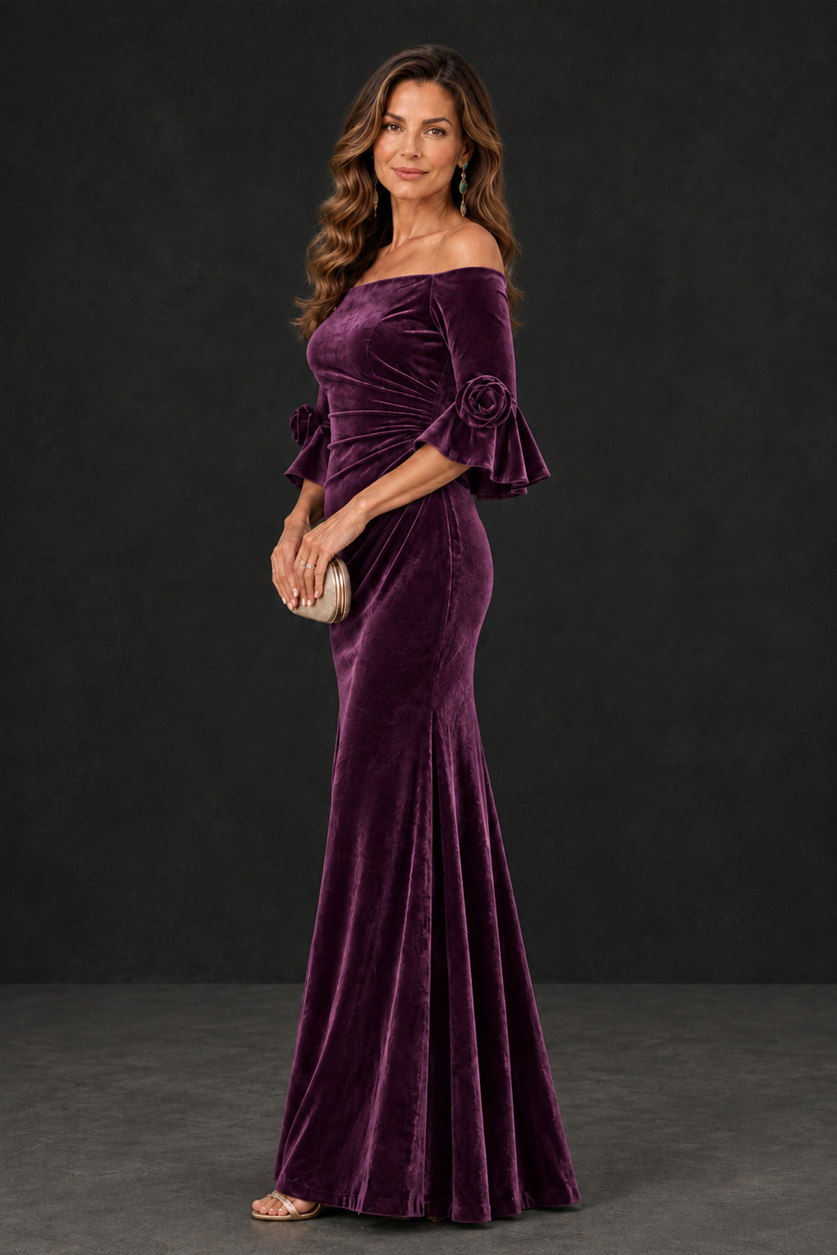 BOLODOO Plum Velvet Mother of the Bride Dress with Rosette Sleeves - Plum - Plum_3