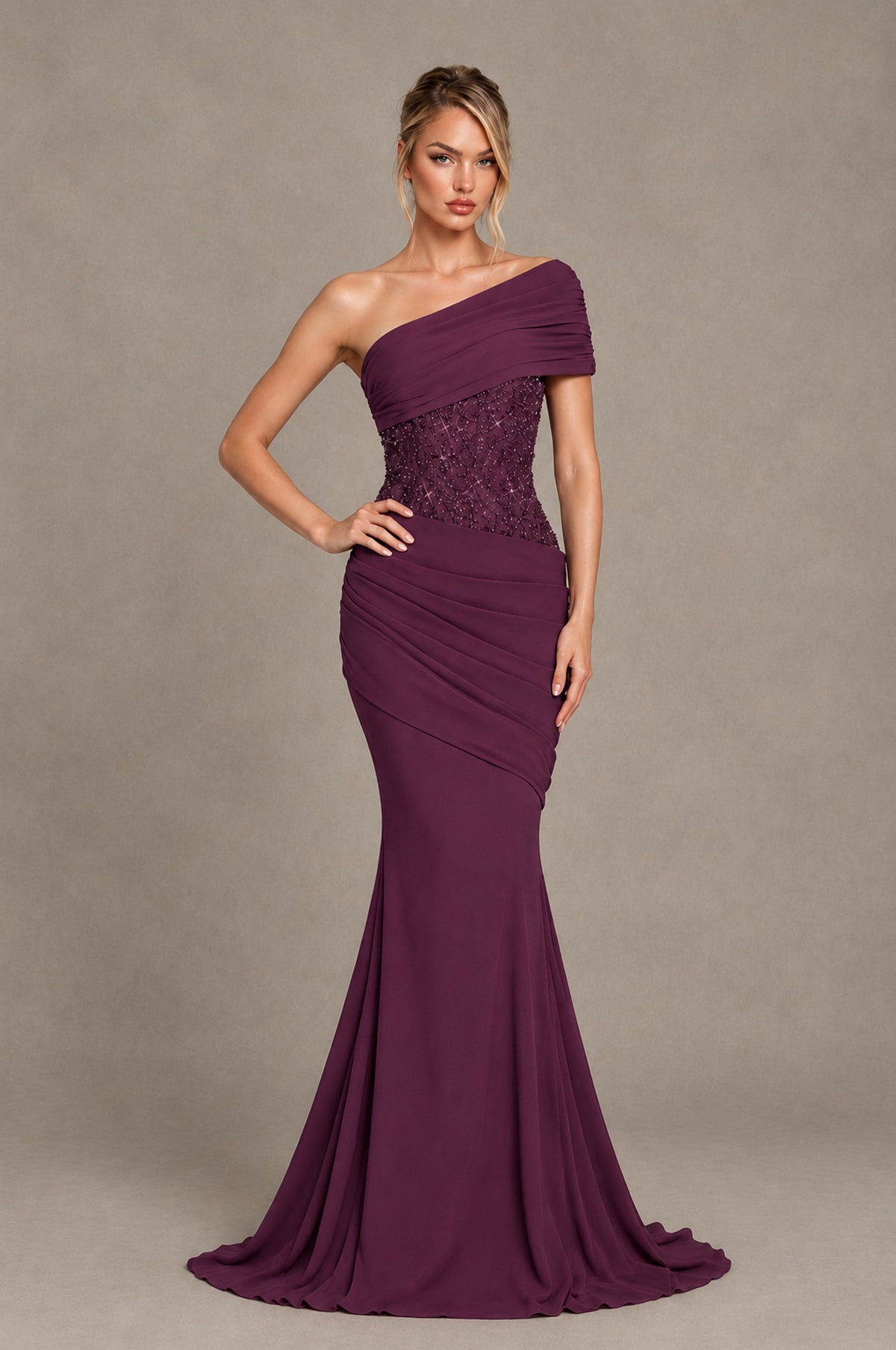 BOLODOO Plum One-Shoulder Sequin Embroidered Ruched Mermaid Gown with Train - Plum - Plum_3