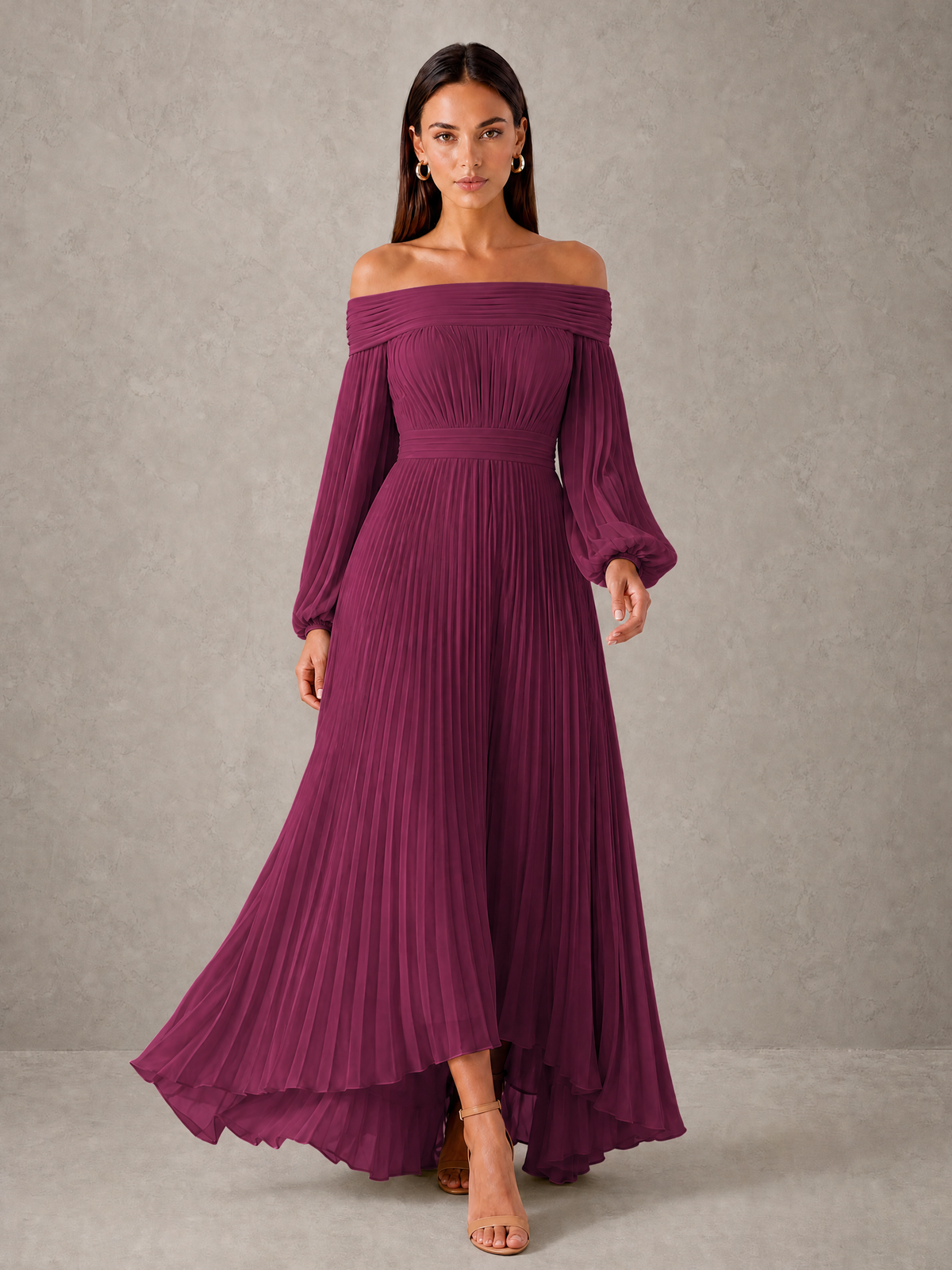 BOLODOO Plum Off-Shoulder Long Sleeve Pleated High-Low Dress - Plum - Plum_3