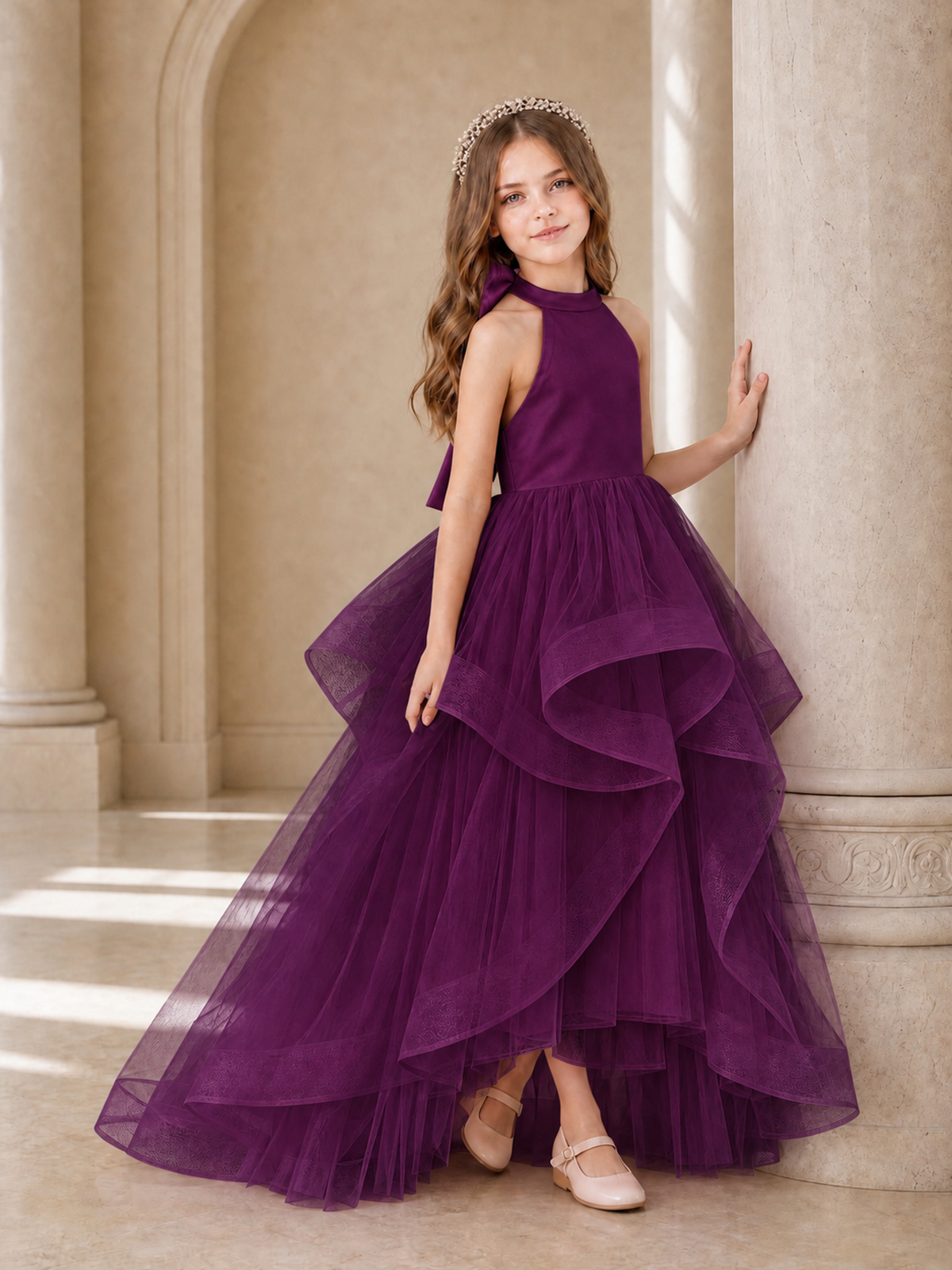 BOLODOO Plum Halter Tiered Tulle Flower Girl Dress with Bow Back - Plum - Plum_3