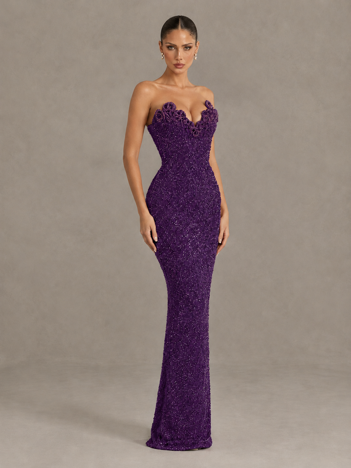 BOLODOO Plum Strapless Sequin Evening Gown with Floral Neckline - Plum - Plum_3