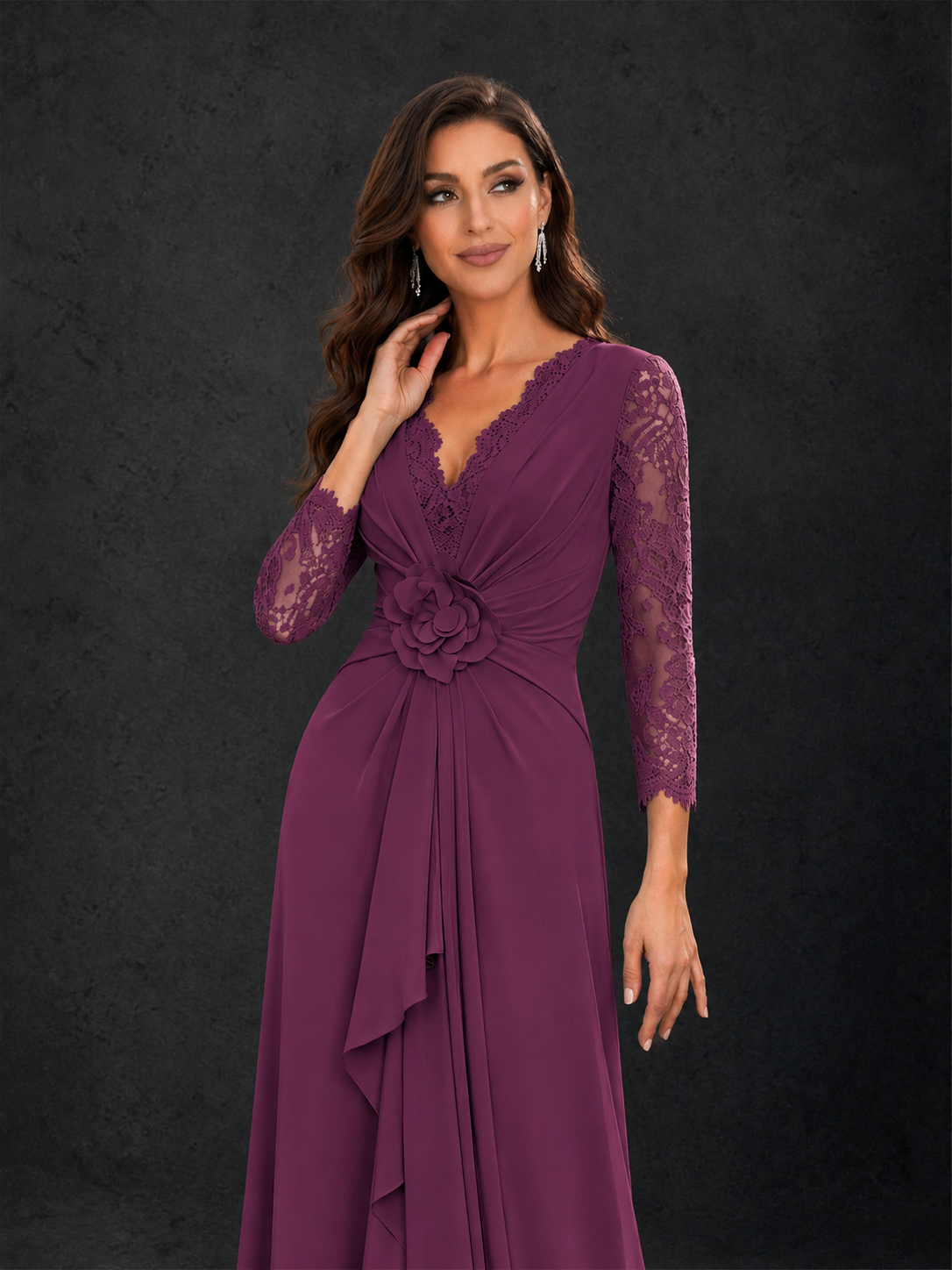 BOLODOO Plum Lace Sleeve V-Neck Floral Waist Chiffon A-Line Maxi Dress - Plum