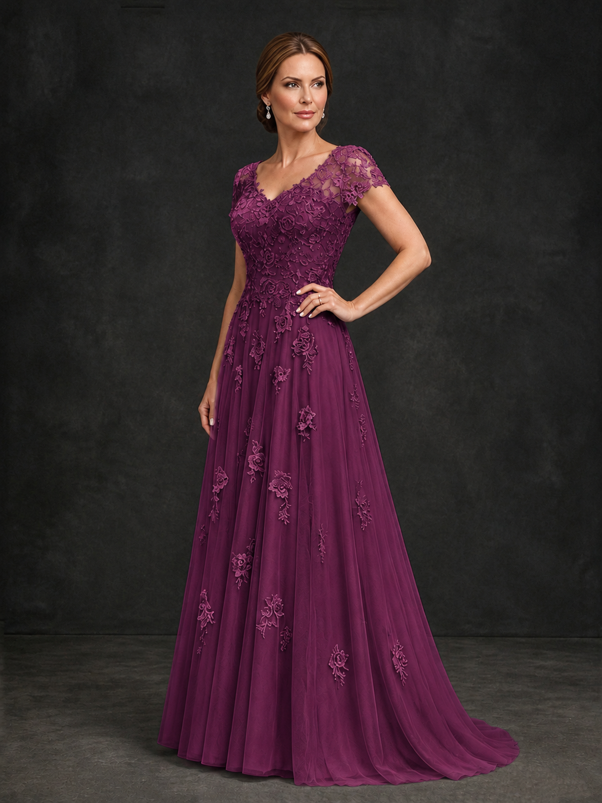 BOLODOO Plum Cap Sleeve Lace Appliqué A-Line Formal Gown | Mother of the Bride Dress - Plum - Plum_3