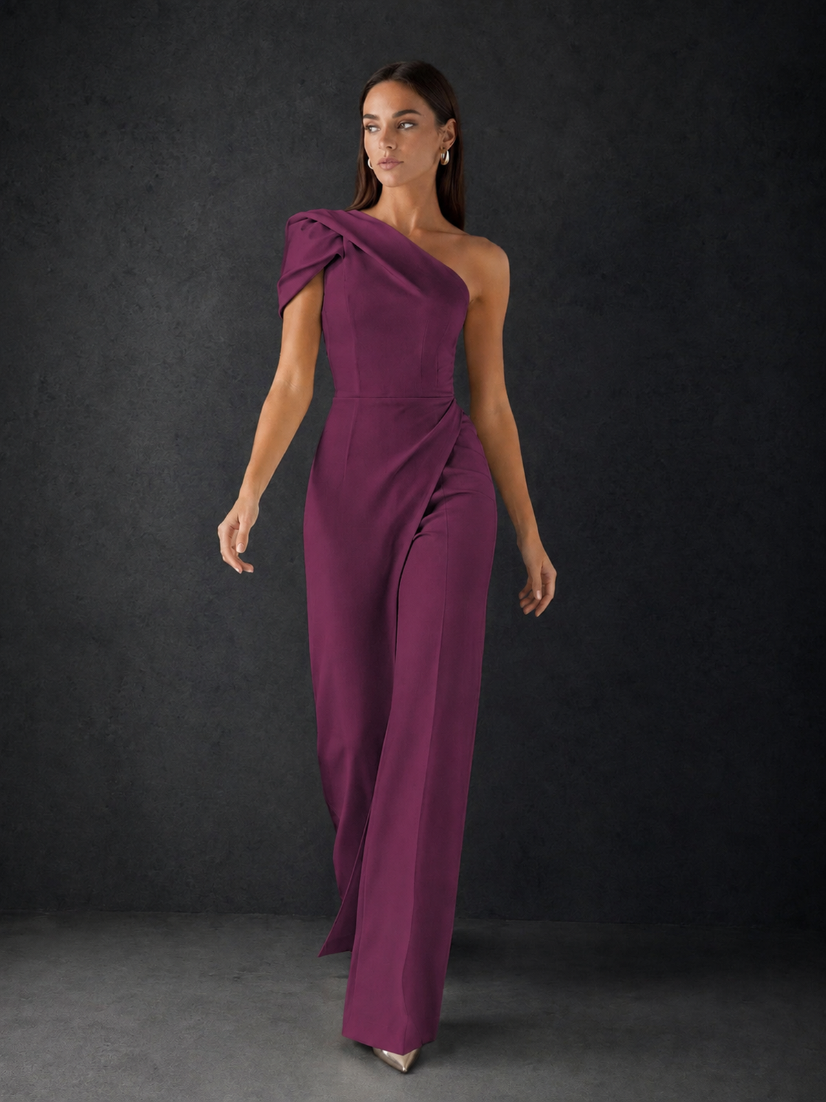 BOLODOO Plum One-Shoulder Puff Sleeve Wide-Leg Jumpsuit with Front Slit and Open Back - Plum