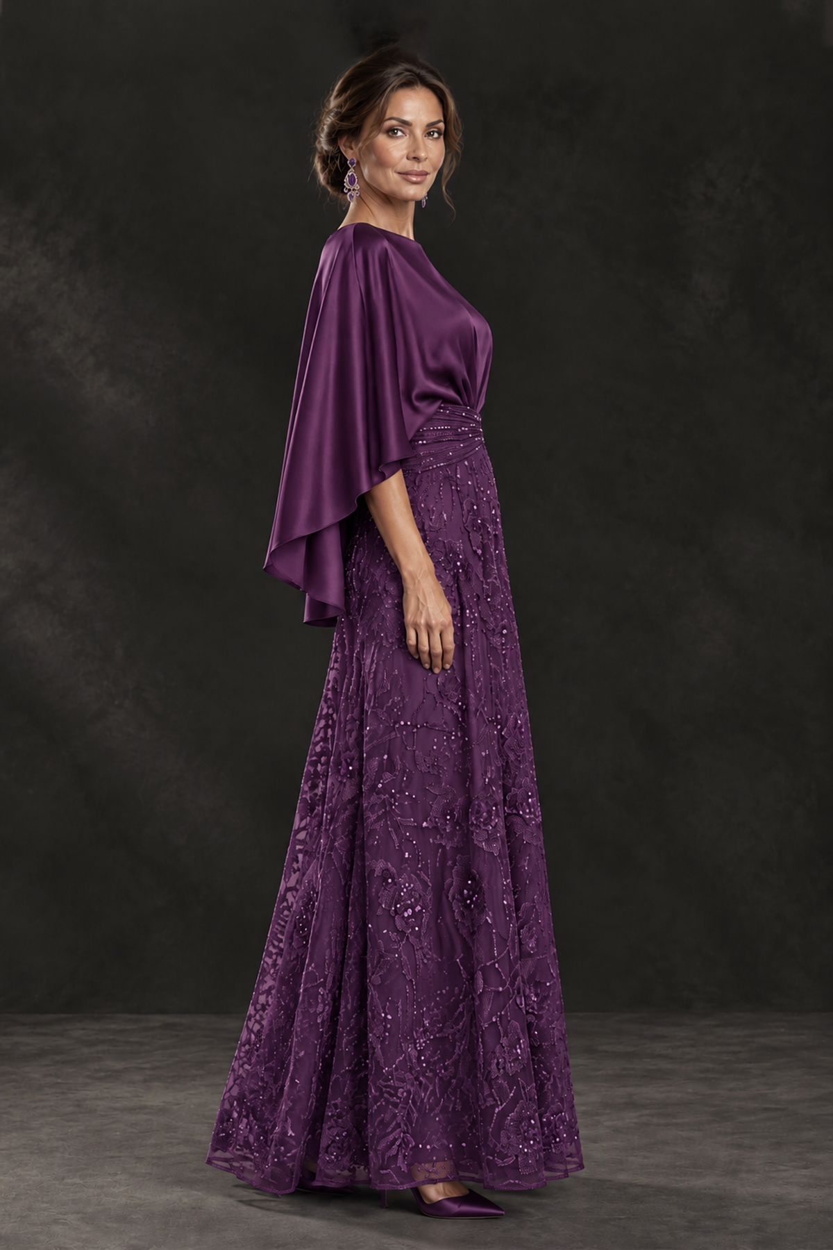 BOLODOO Plum Cape Sleeve Floral Mother of the Bride Dress - Plum - Plum_3