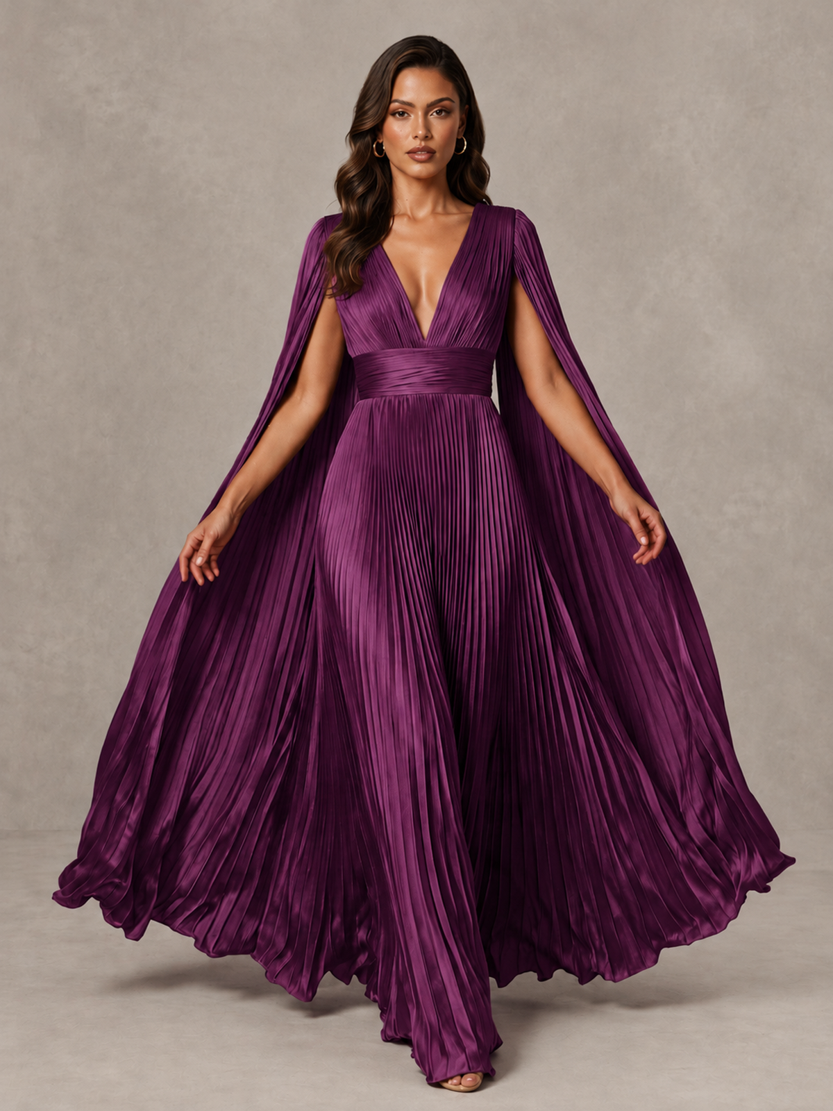 BOLODOO Plum Deep V-Neck Pleated Cape Sleeve Evening Gown - Plum - Plum_3