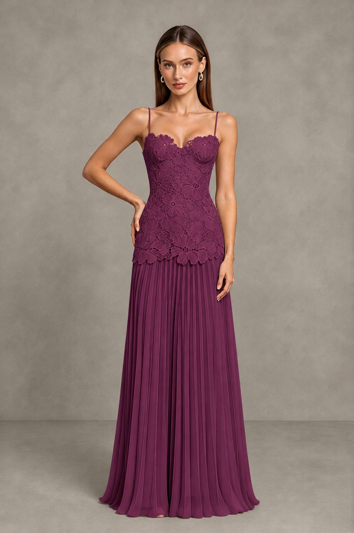 BOLODOO Plum Lace Bodice Pleated Wedding Guest Dress - Plum - Plum_3
