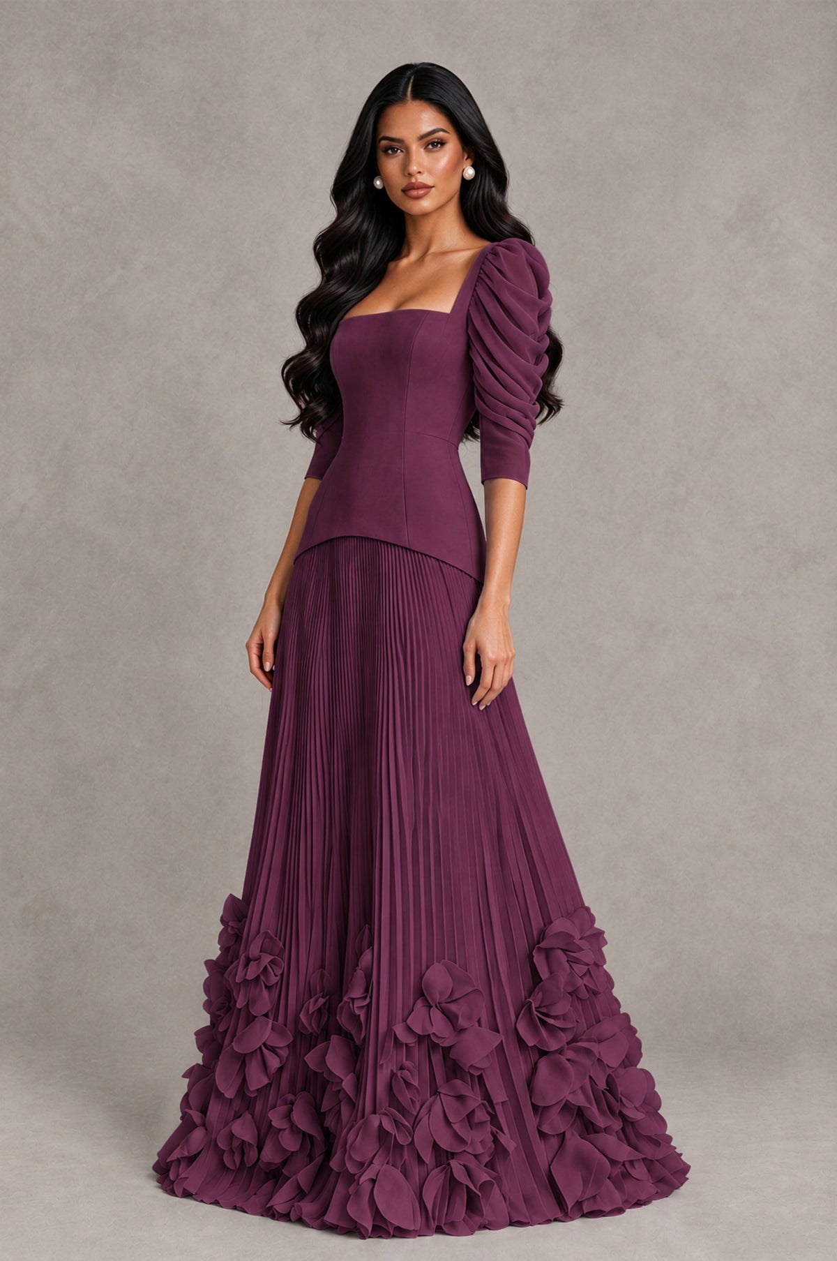 BOLODOO Plum Square Neck Pleated Floral Applique Evening Dress - Plum - Plum_3