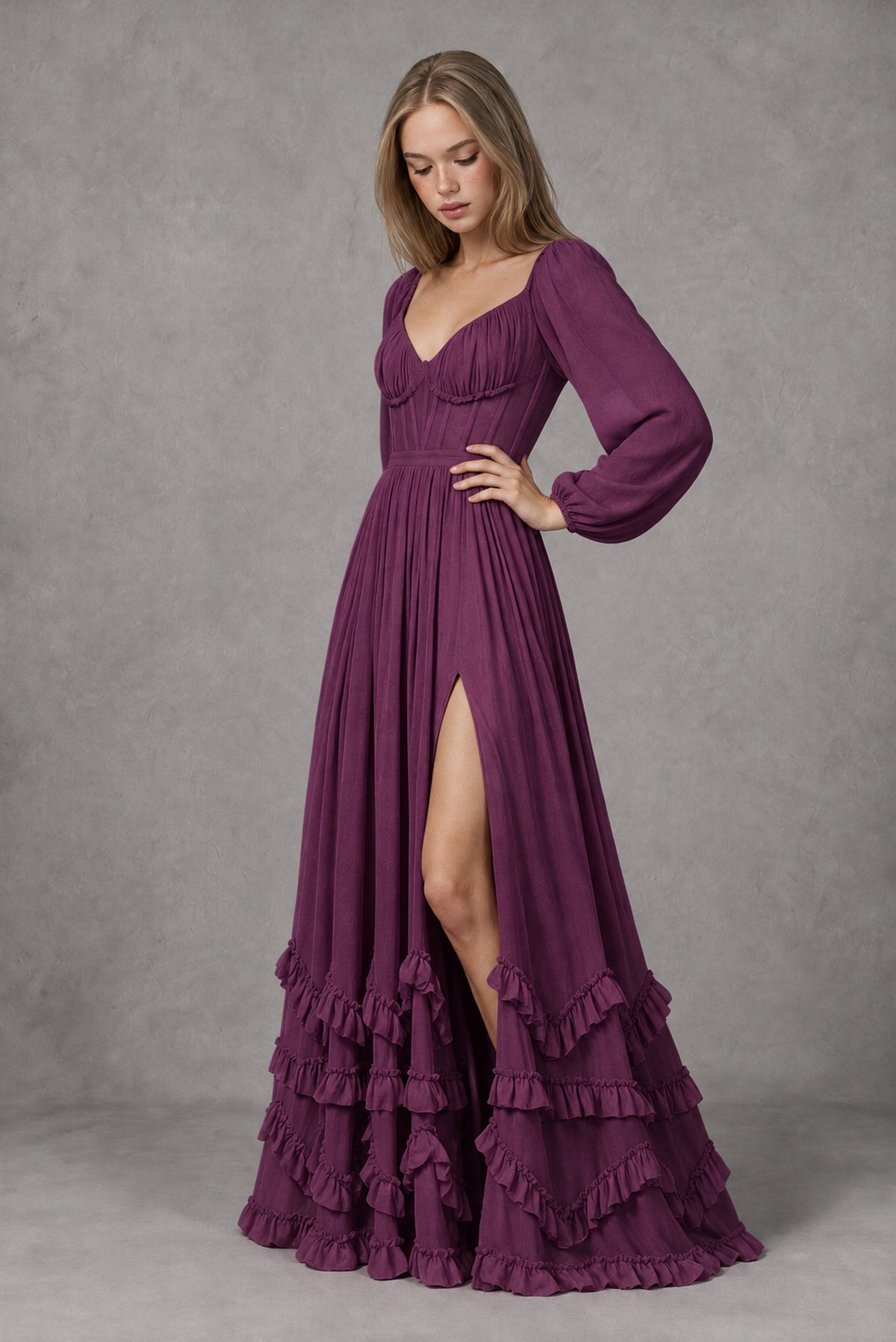 Plum Long-Sleeve Ruffle Maxi Dress with Lace-Up Back and Slit - Plum