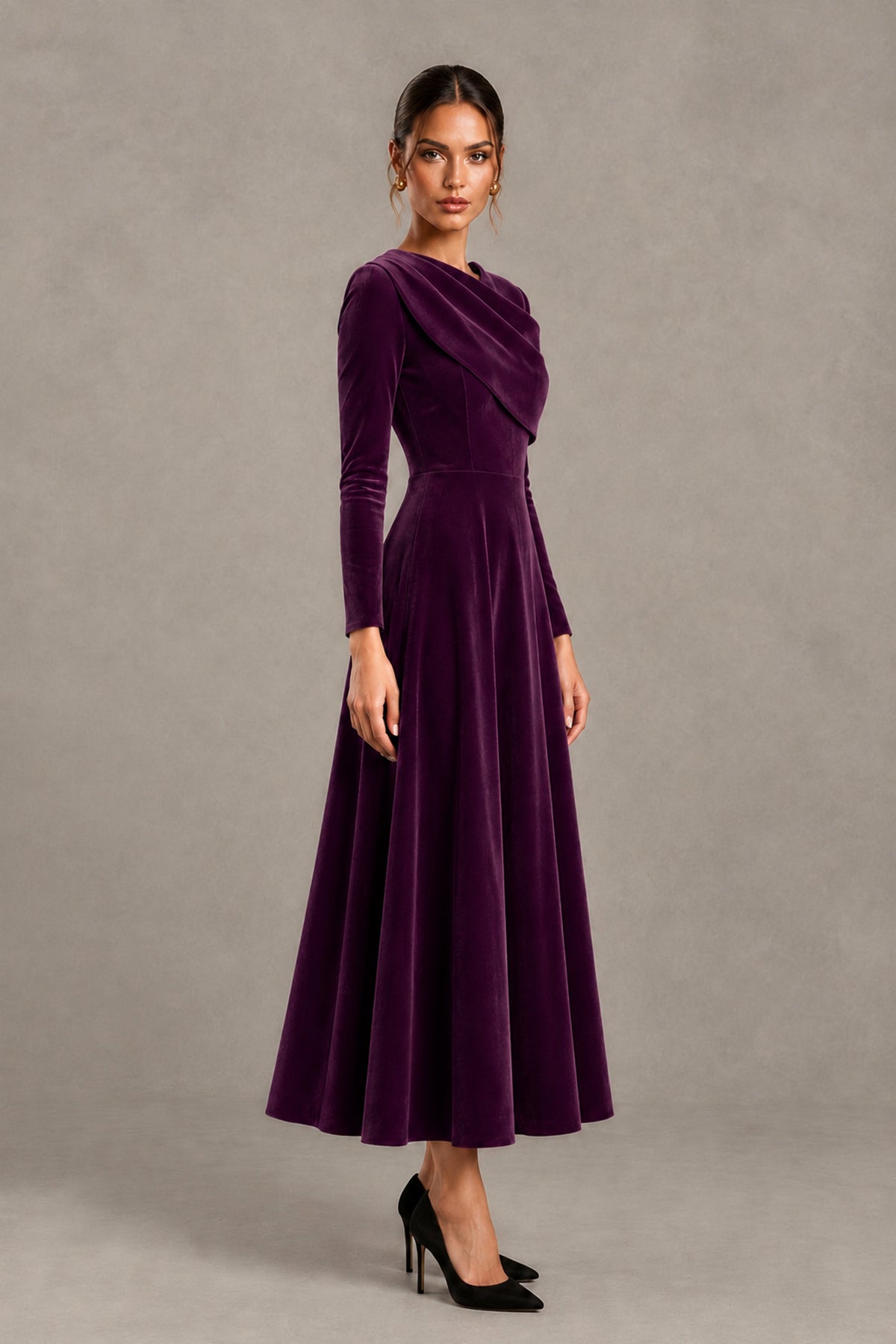 BOLODOO Plum Velvet-Look Long Sleeve Tea-Length A-Line Dress with Draped Neckline - Plum - Plum_3