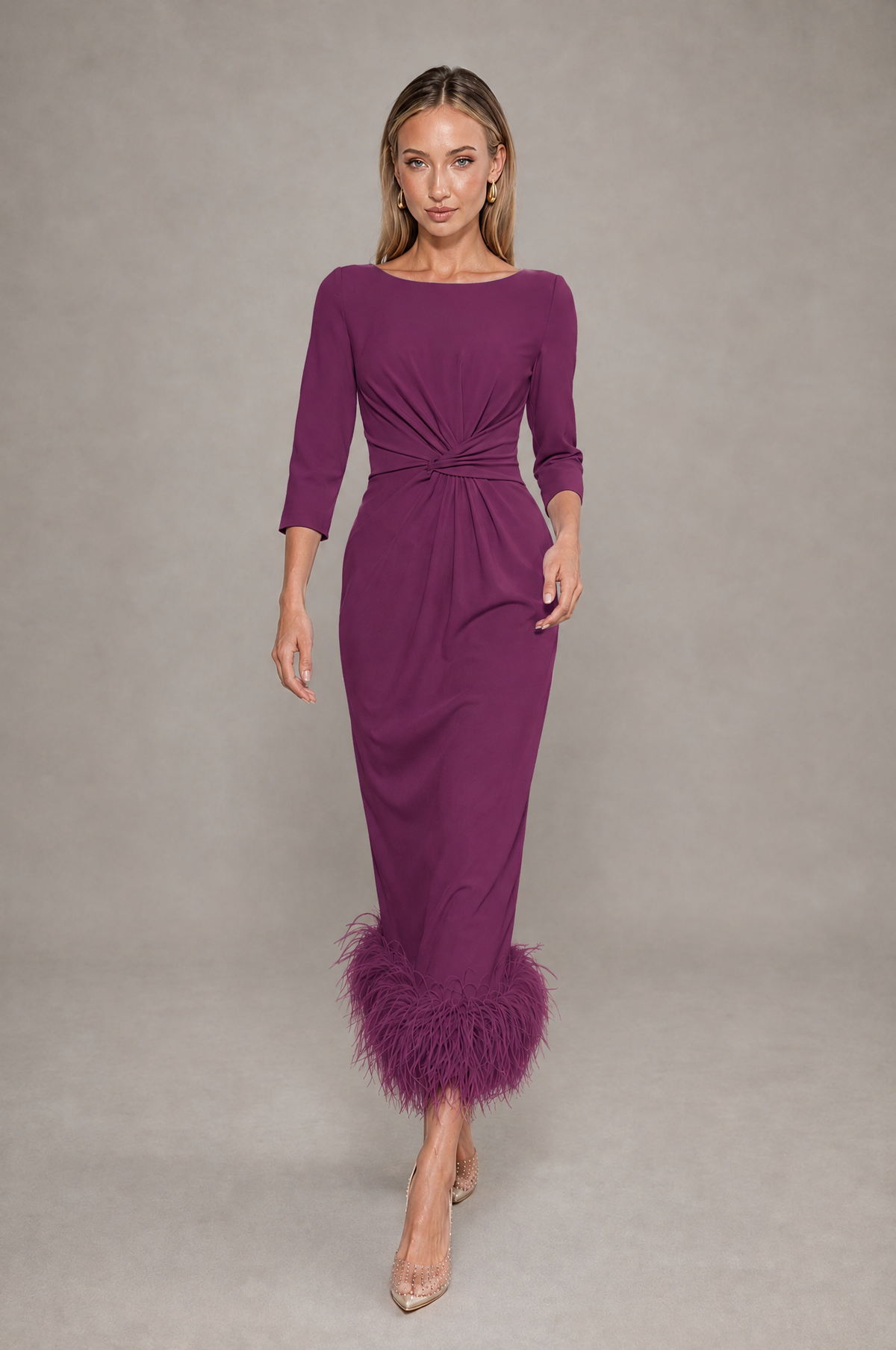 BOLODOO Plum Feather-Trim Twist-Waist Midi Dress - Plum - Plum_3