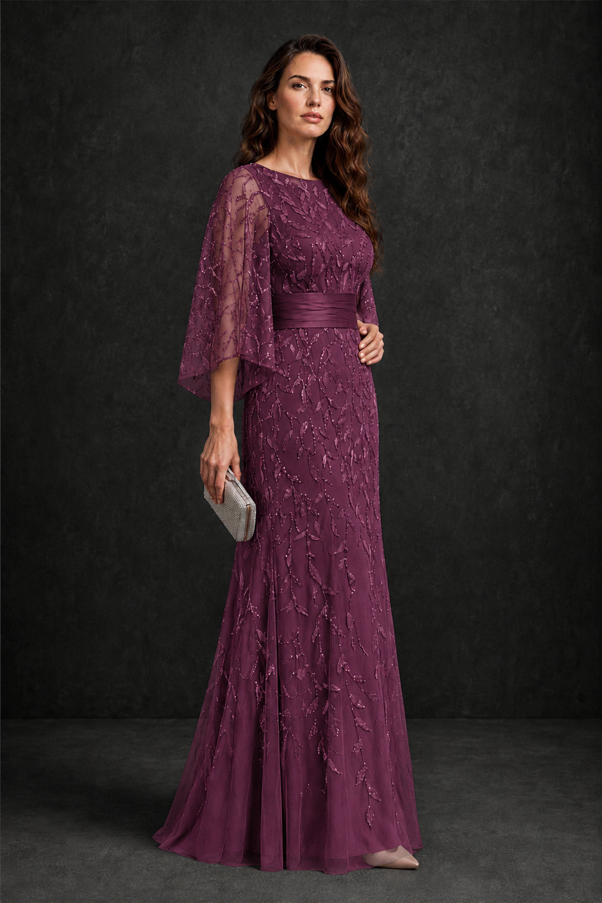 BOLODOO Plum Bateau Neck Bell Sleeve Sequin Embroidered Satin Waist A-Line Maxi Dress - Plum - Plum_3