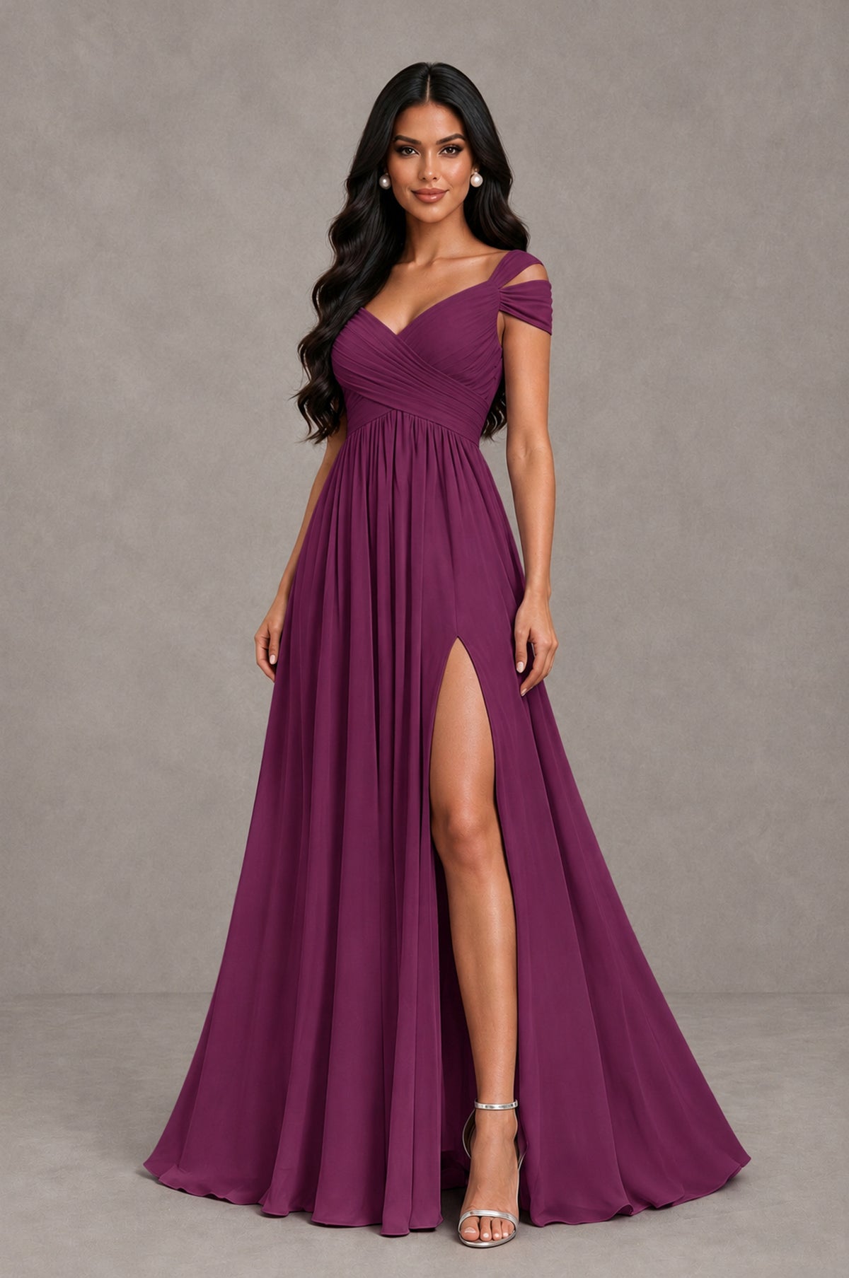 BOLODOO Plum Cold Shoulder Chiffon Evening Dress with V Neck and High Slit - Plum - Plum_3