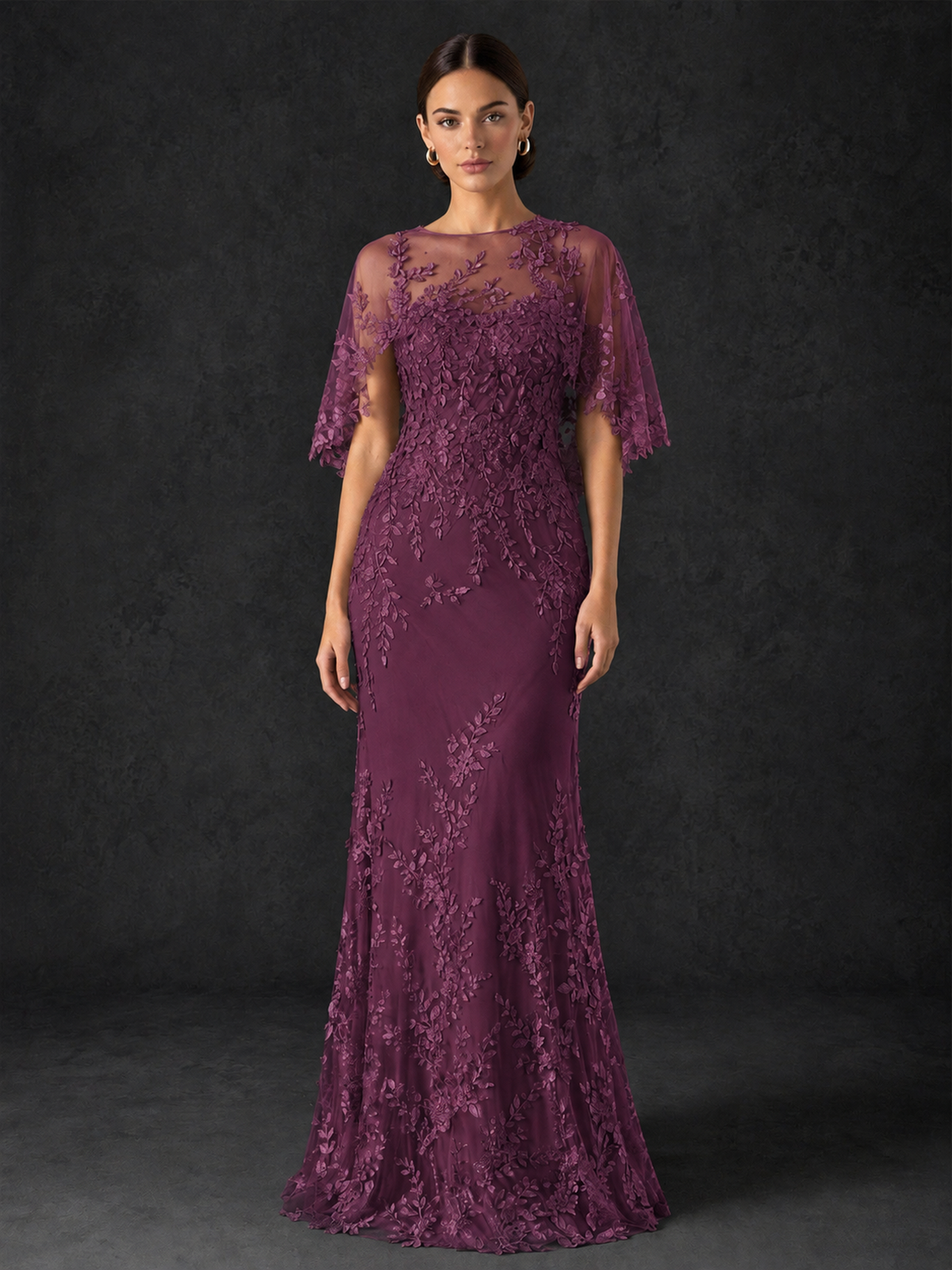 BOLODOO Mocha Rose Botanical Lace Flutter Sleeve Mermaid Gown - Plum - Plum