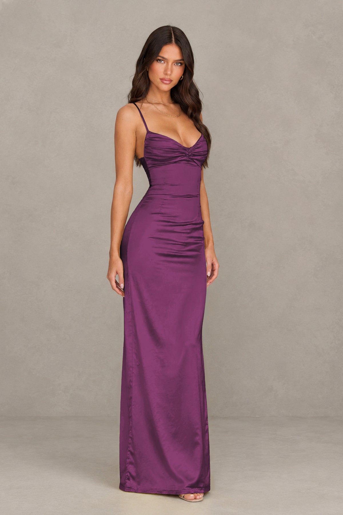 BOLODOO Plum Satin Cowl Neck Open Back Mermaid Maxi Dress with Side Slit - Plum