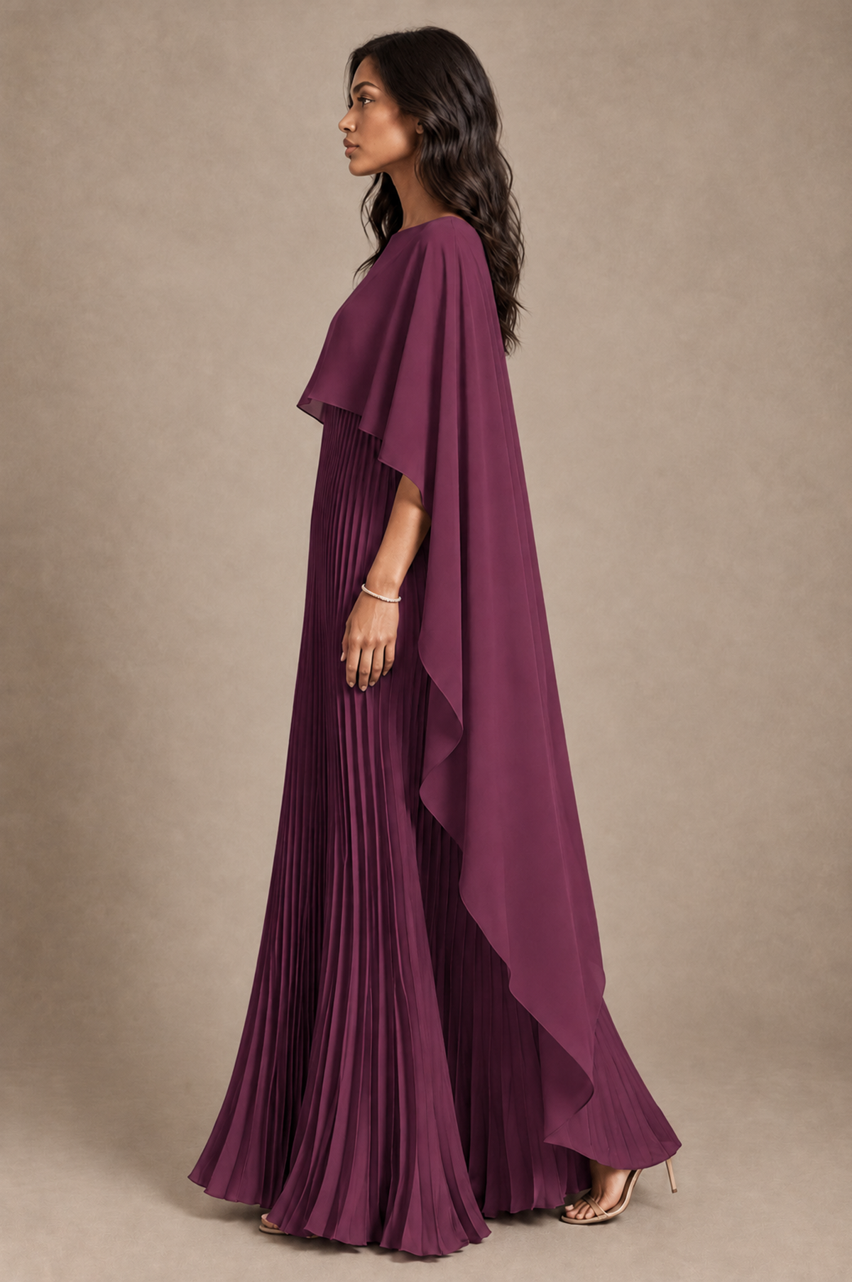 BOLODOO Plum Pleated Cape A-Line Evening Dress - Plum - Plum_3