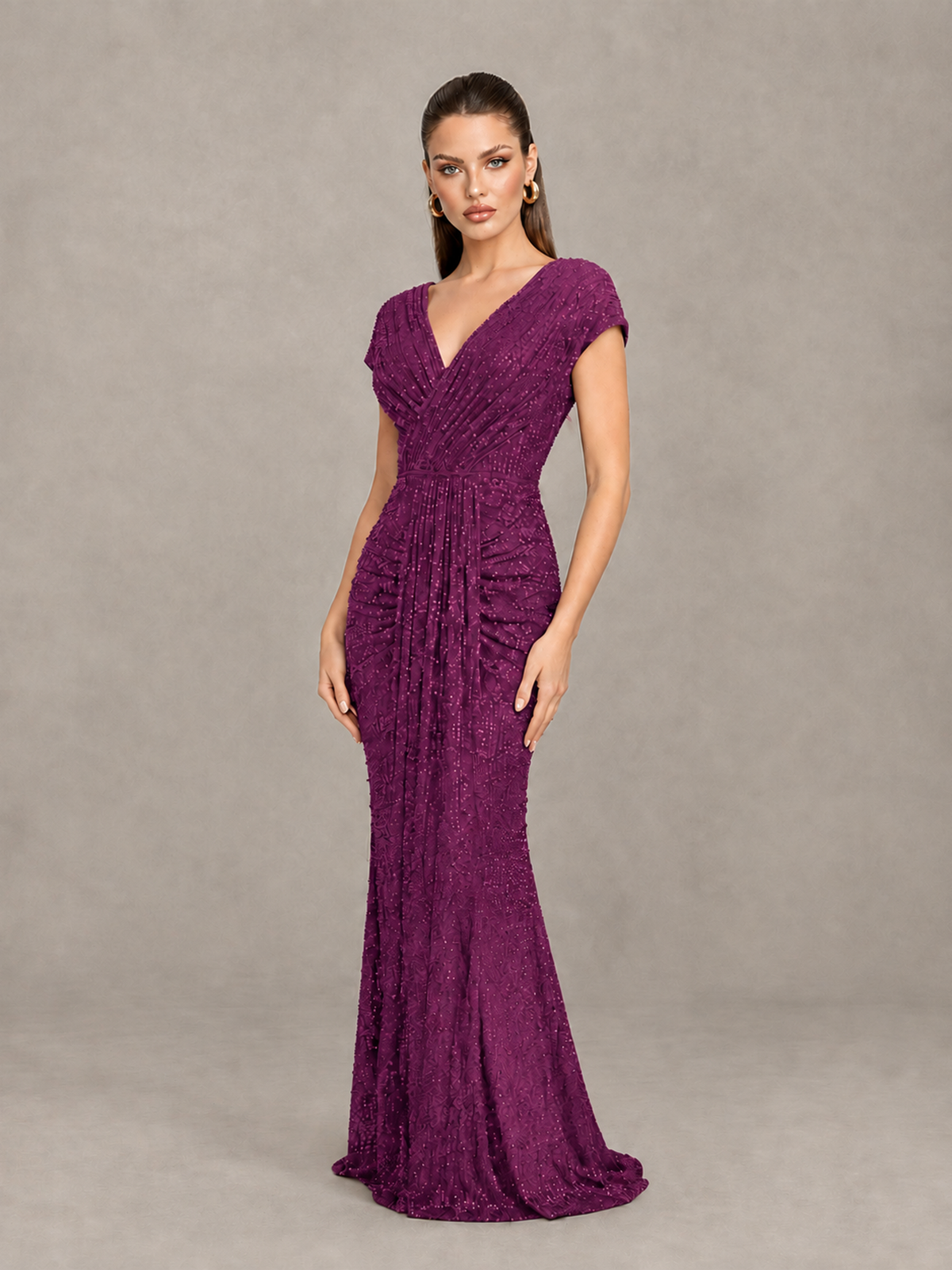 BOLODOO Plum Glitter V-Neck Cap Sleeve Ruched Mermaid Evening Gown - Plum - Plum_3