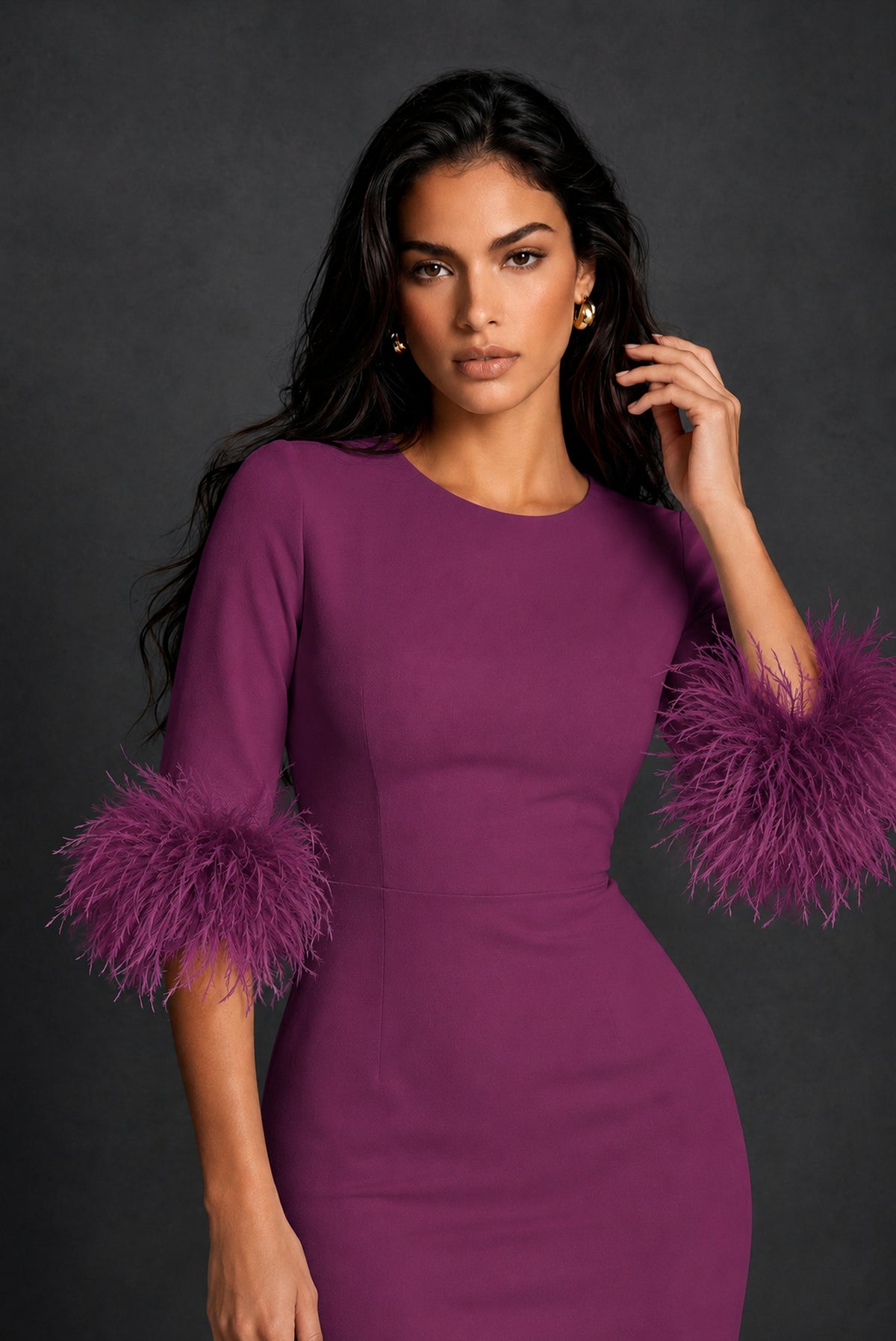 BOLODOO Plum Ostrich Feather Cuff 3/4 Sleeve Round Neck Bodycon Midi Dress with Back Slit - Plum