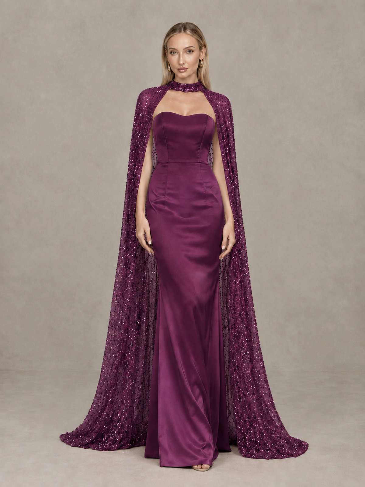 BOLODOO Plum Strapless Satin-Look Evening Gown with Sequin Cape - Plum - Plum_3