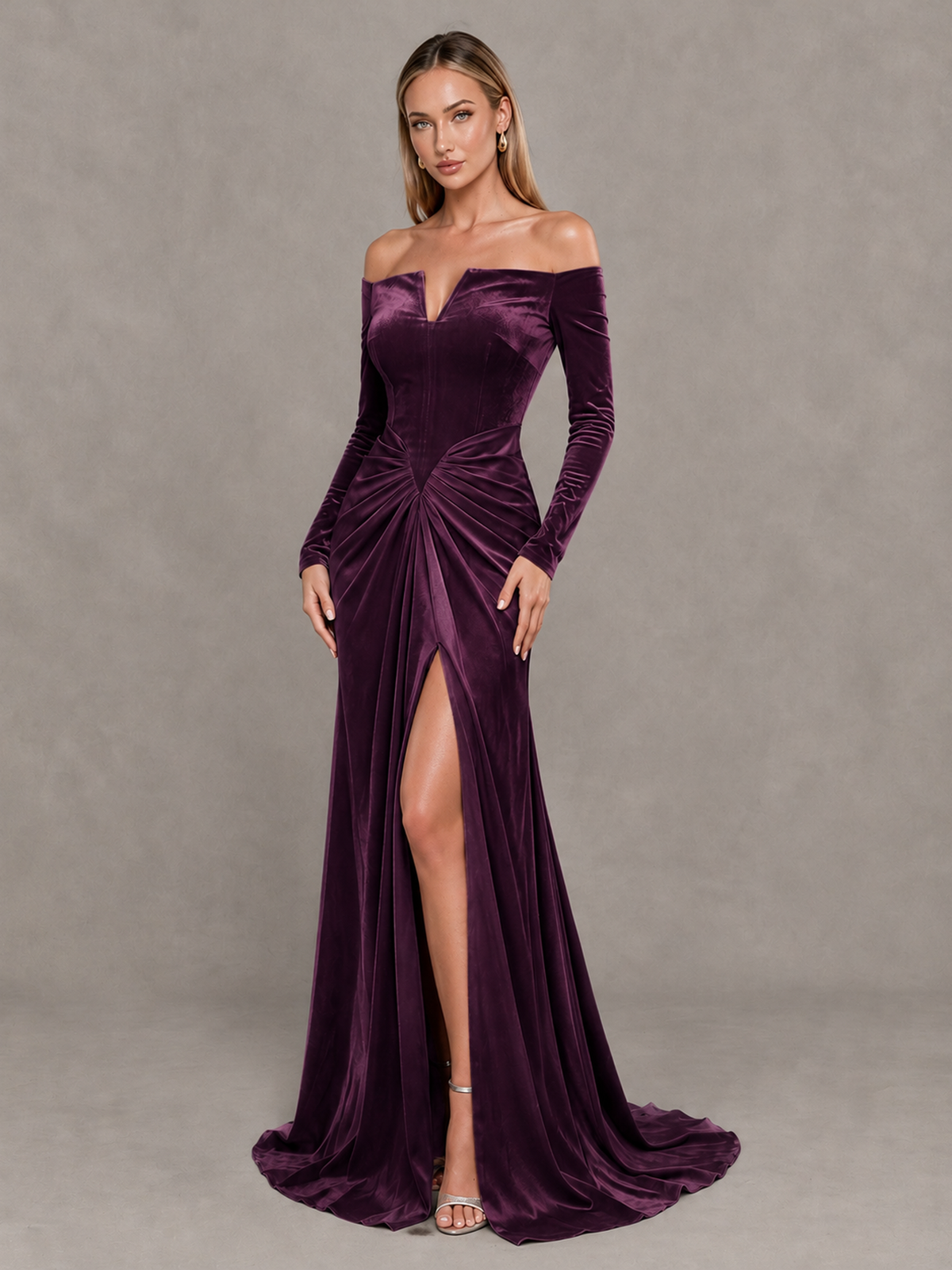 BOLODOO Plum Off-Shoulder Velvet Evening Gown with High Slit - Plum - Plum_3
