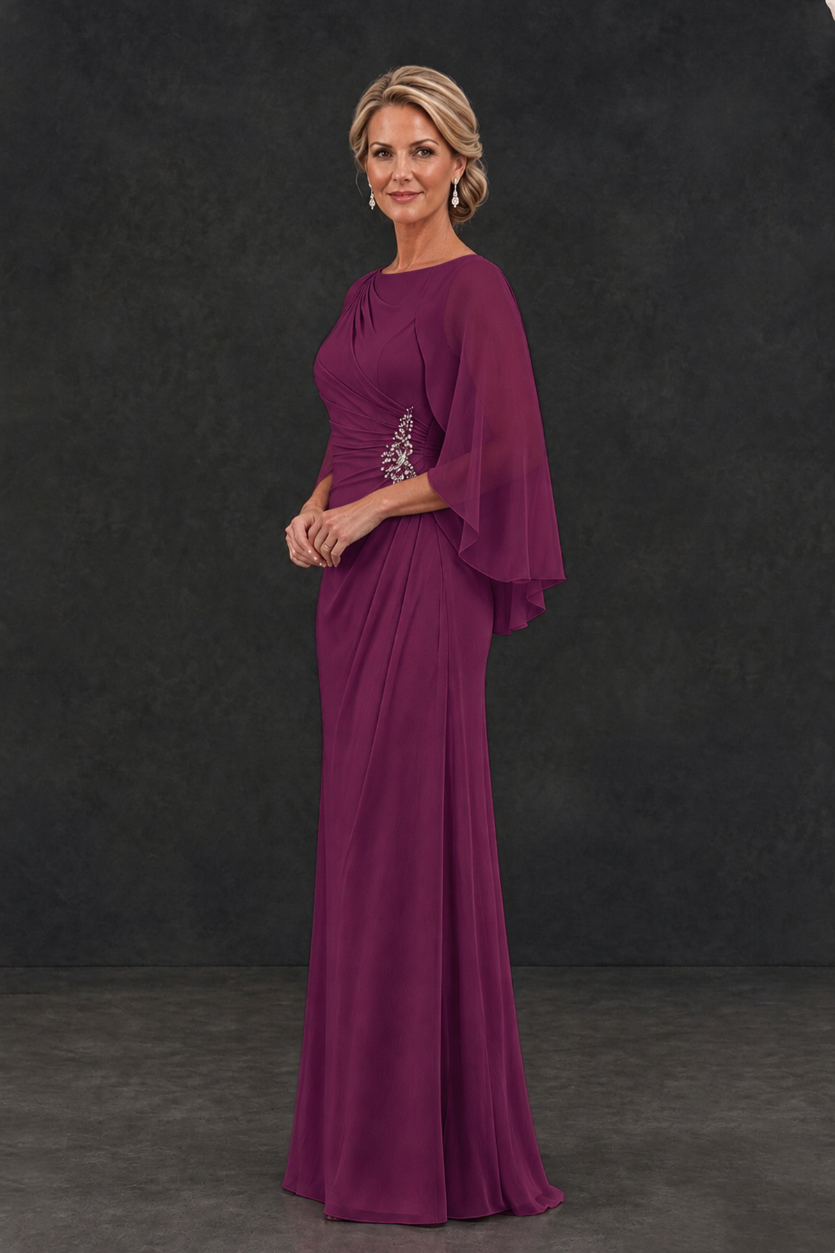 BOLODOO Plum Cape Sleeve Mother of the Bride Dress with Ruched Waist - Plum - Plum_3