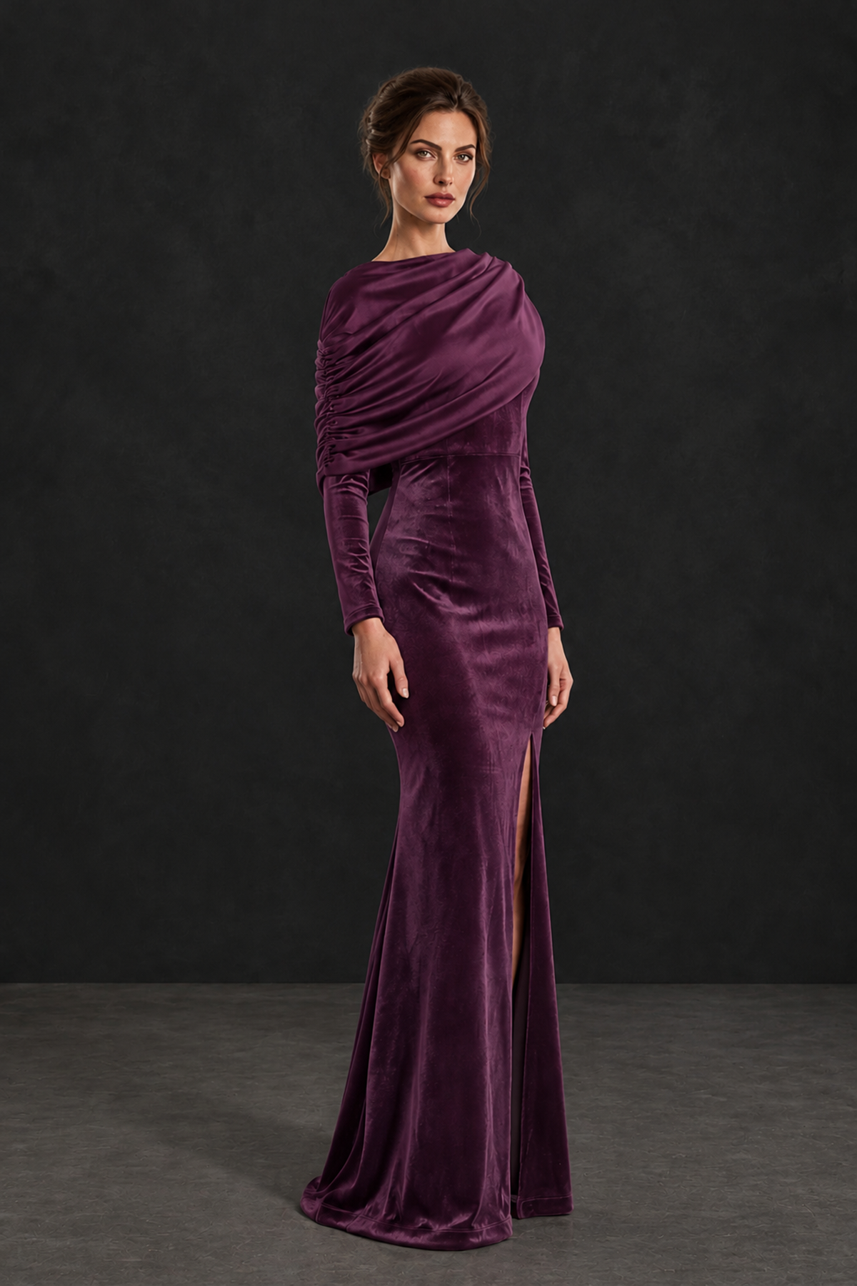 BOLODOO Plum Velvet Long Sleeve Draped Mother of the Bride Dress - Plum - Plum_3