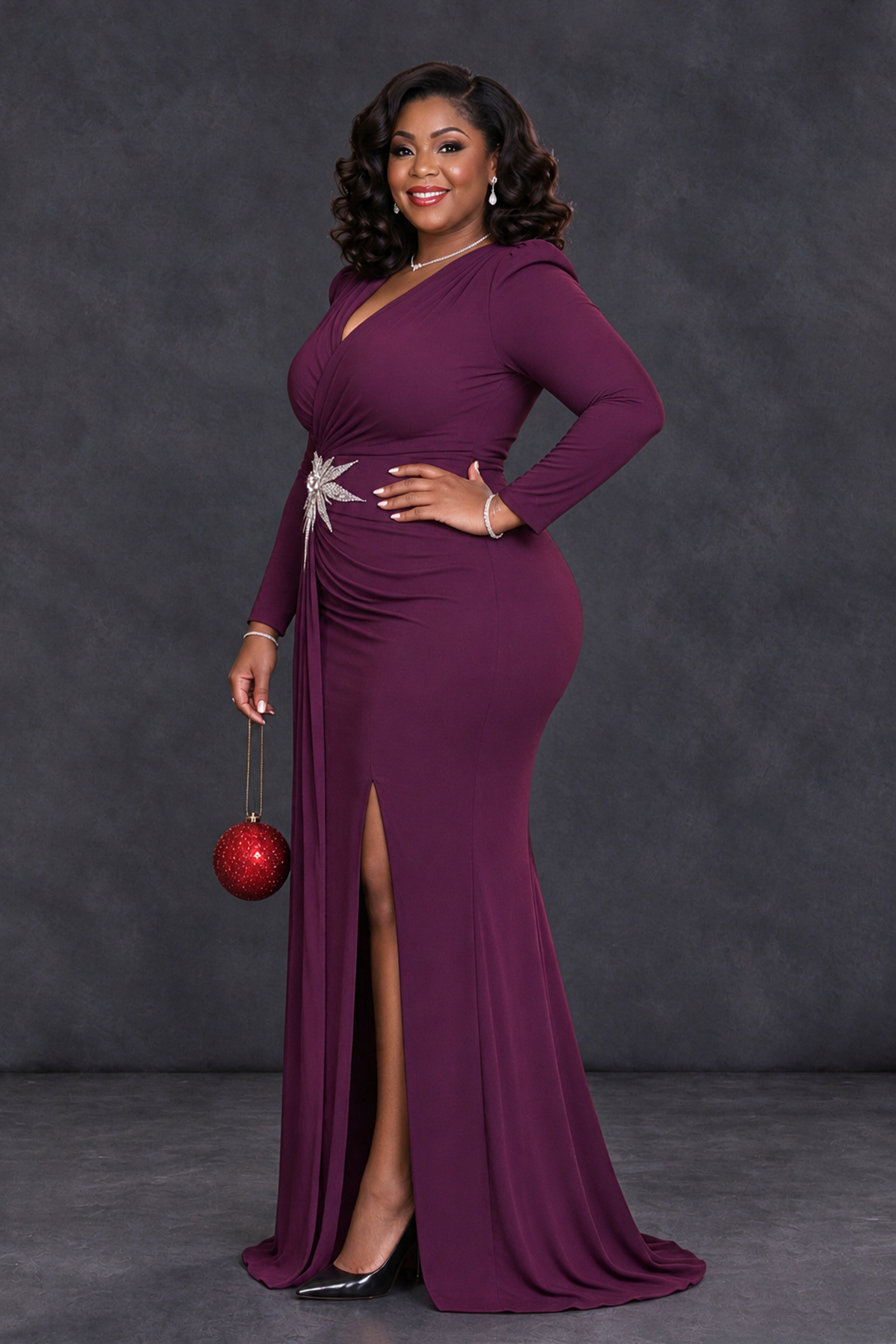 BOLODOO Plum Plus Size Long Sleeve V-Neck Mother of the Bride Dress with Slit - Plum - Plum_3