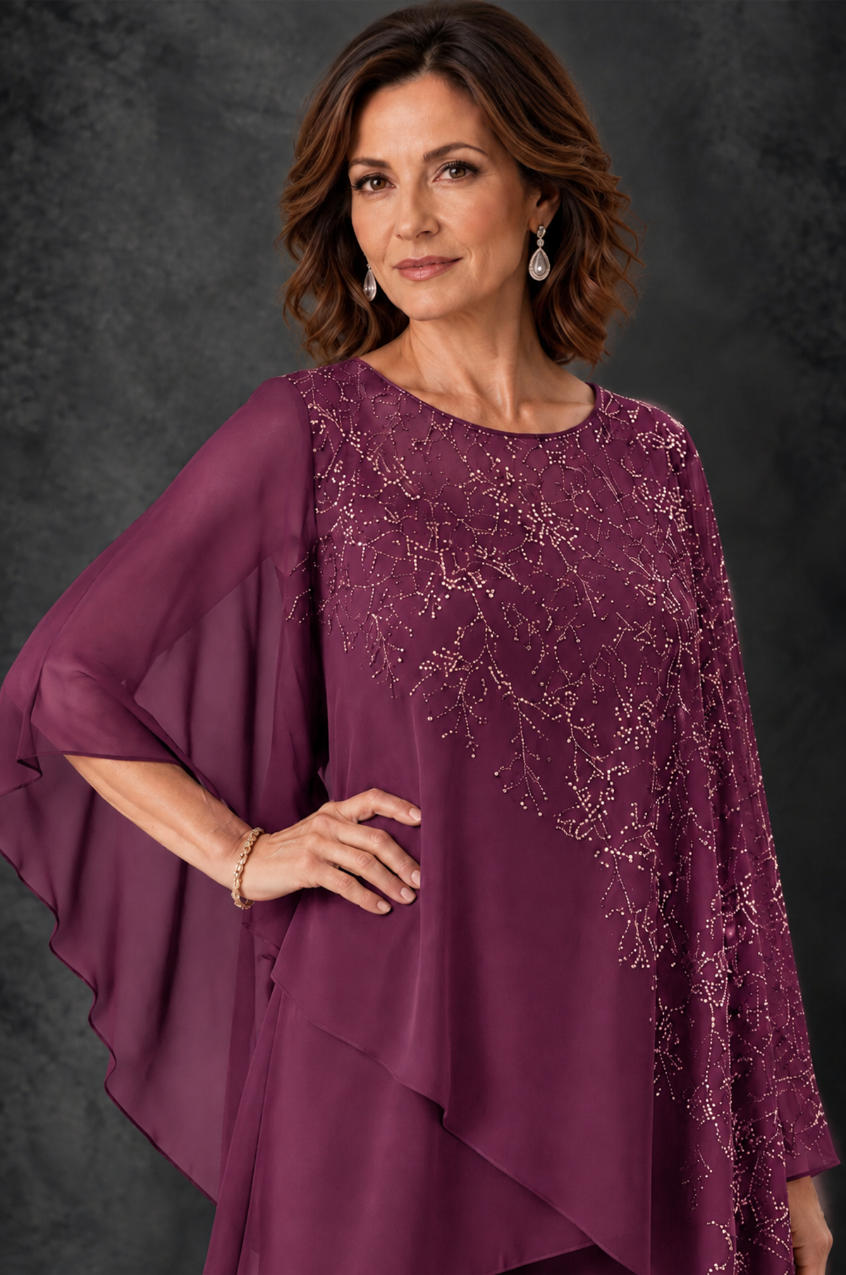 BOLODOO Plum Embellished Cape Pant Suit for Mother of the Bride - Plum - Plum_3