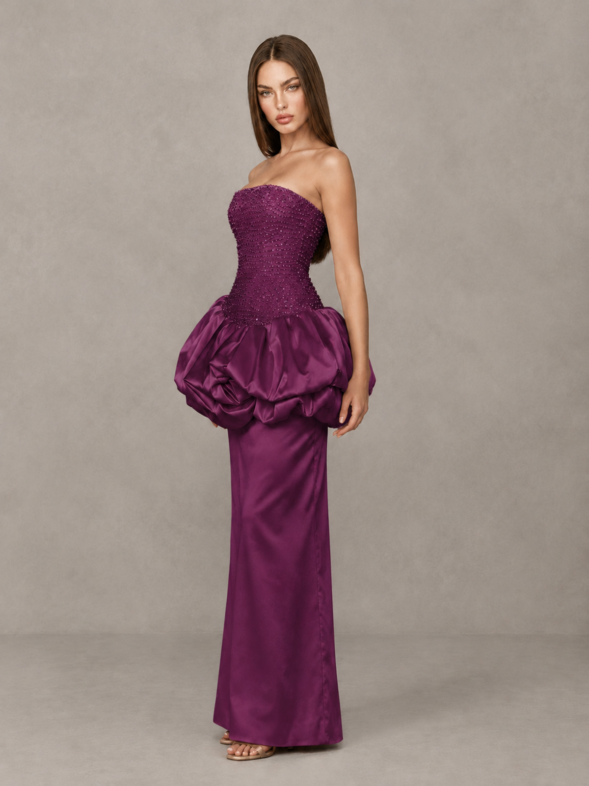 BOLODOO Plum Strapless Embellished Bubble Peplum Evening Dress - Plum - Plum_3
