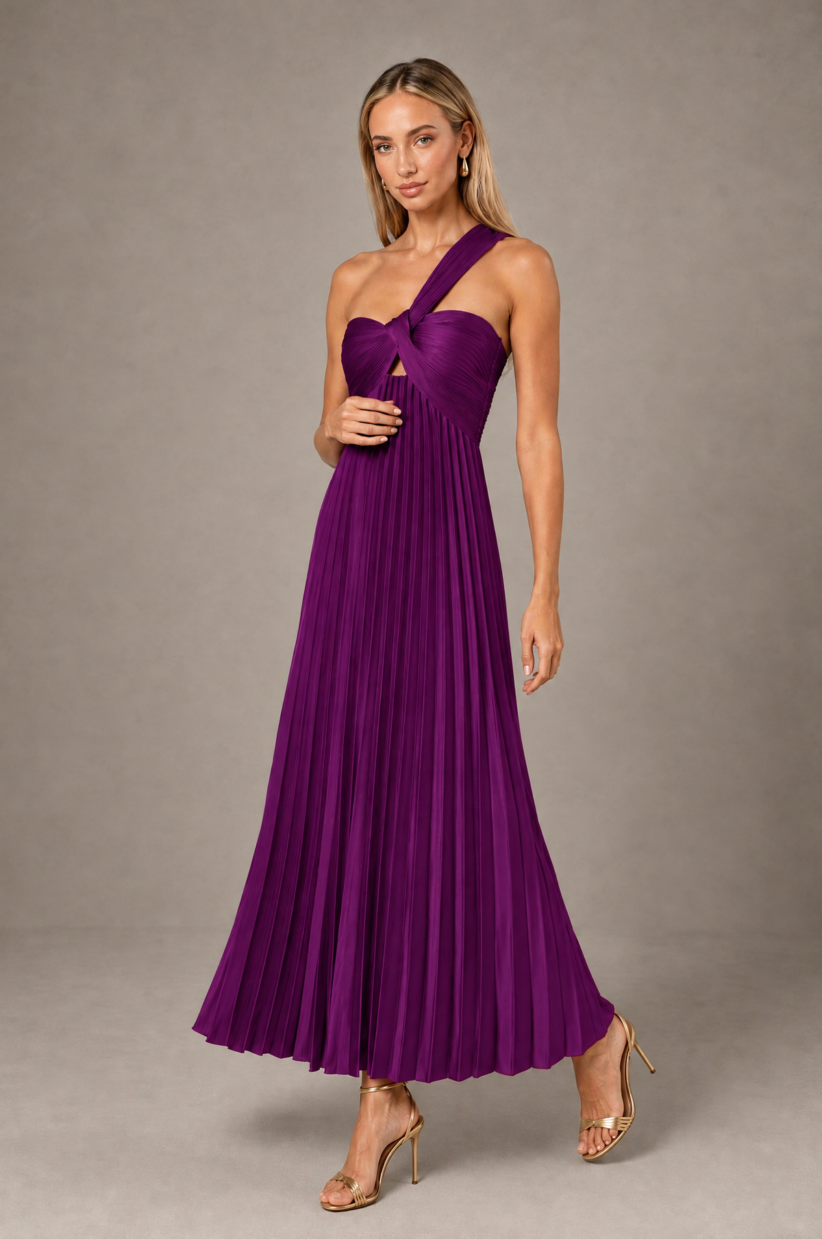 BOLODOO Plum One-Shoulder Twist Knot Pleated Satin Midi Dress with Cutout - Plum - Plum_3