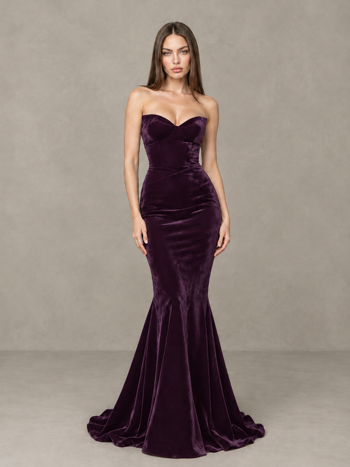 BOLODOO Plum Strapless Sweetheart Velvet-Look Mermaid Evening Dress - Plum - Plum_3