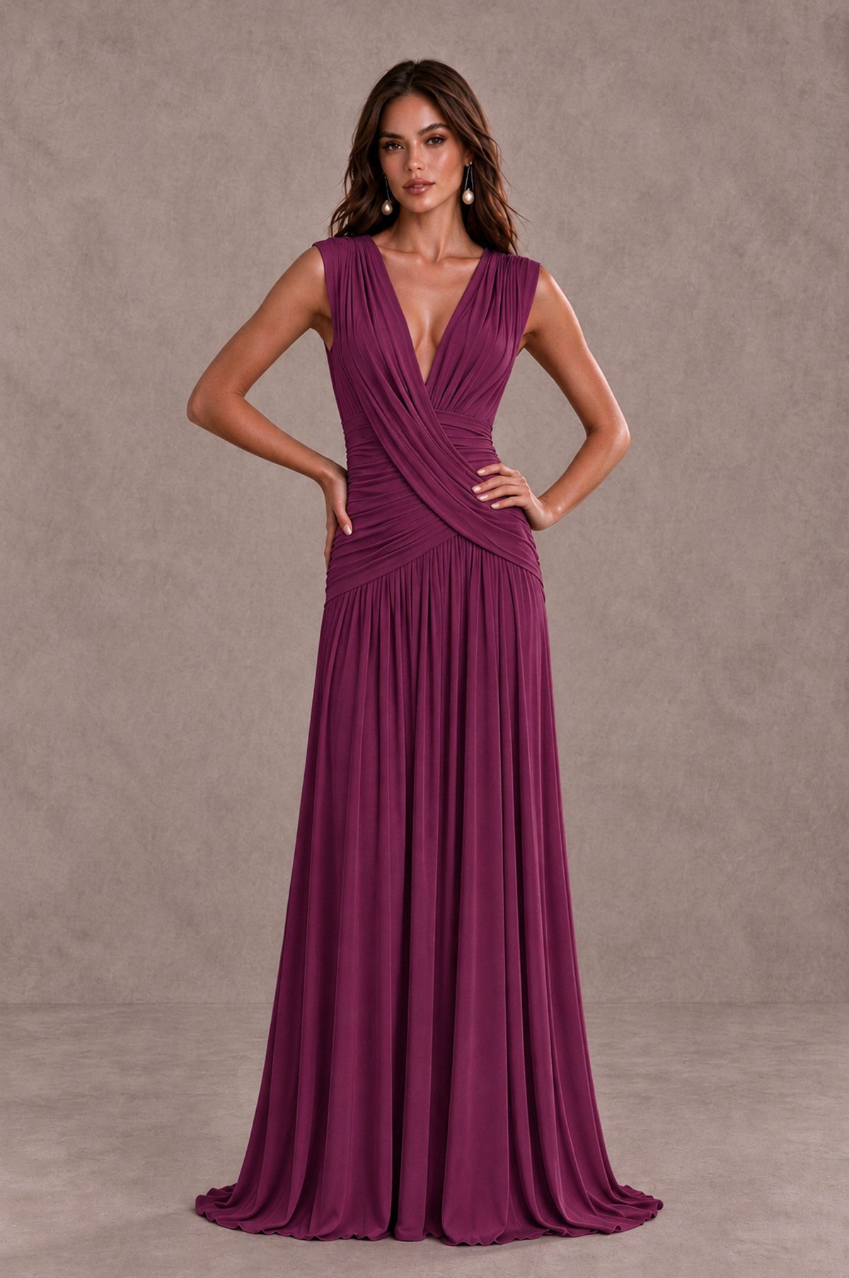 BOLODOO Plum V-Neck Ruched Wedding Guest Dress - Plum - Plum_3