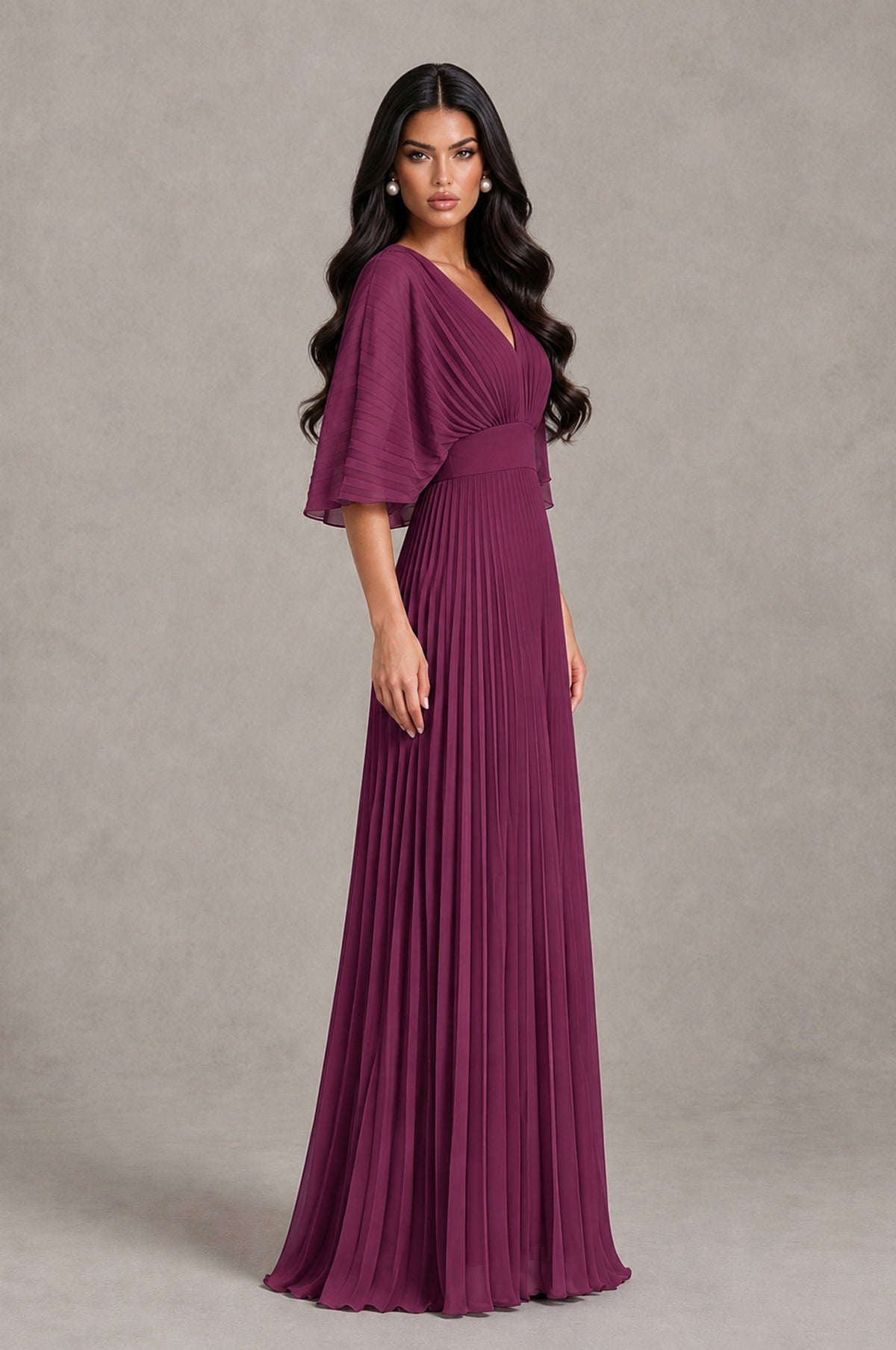 BOLODOO Plum V-Neck Pleated Flutter Sleeve Formal Dress - Plum - Plum_3