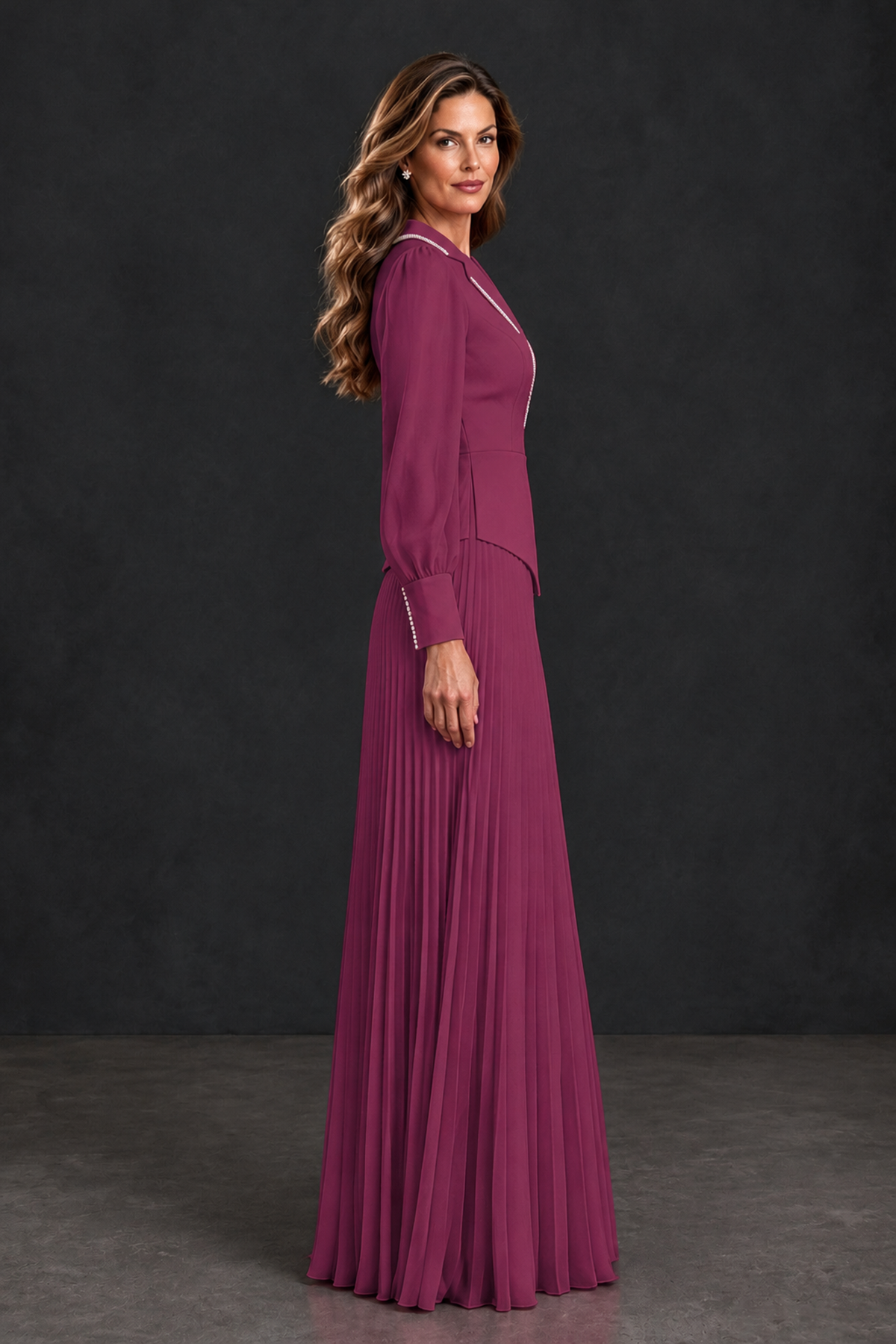 BOLODOO Plum Long Sleeve Pleated Mother of the Bride Dress - Plum - Plum_3