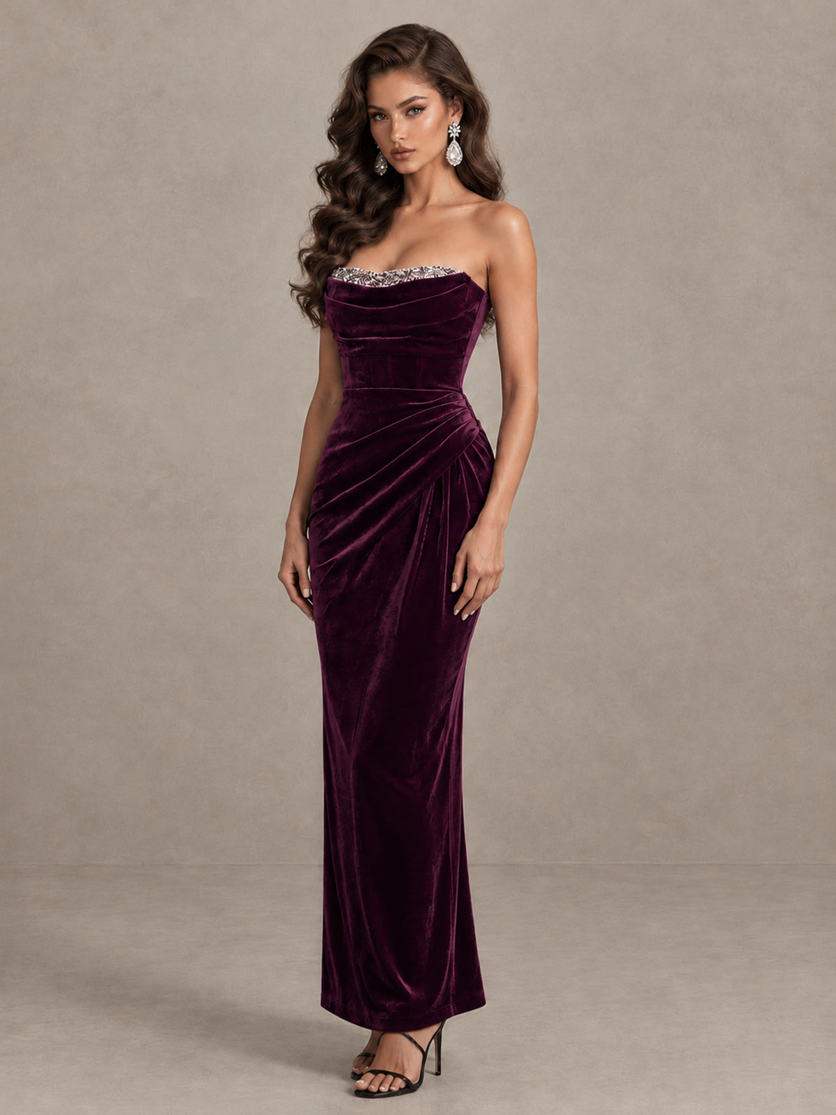 BOLODOO Plum Strapless Velvet Cocktail Maxi Dress - Plum - Plum_3