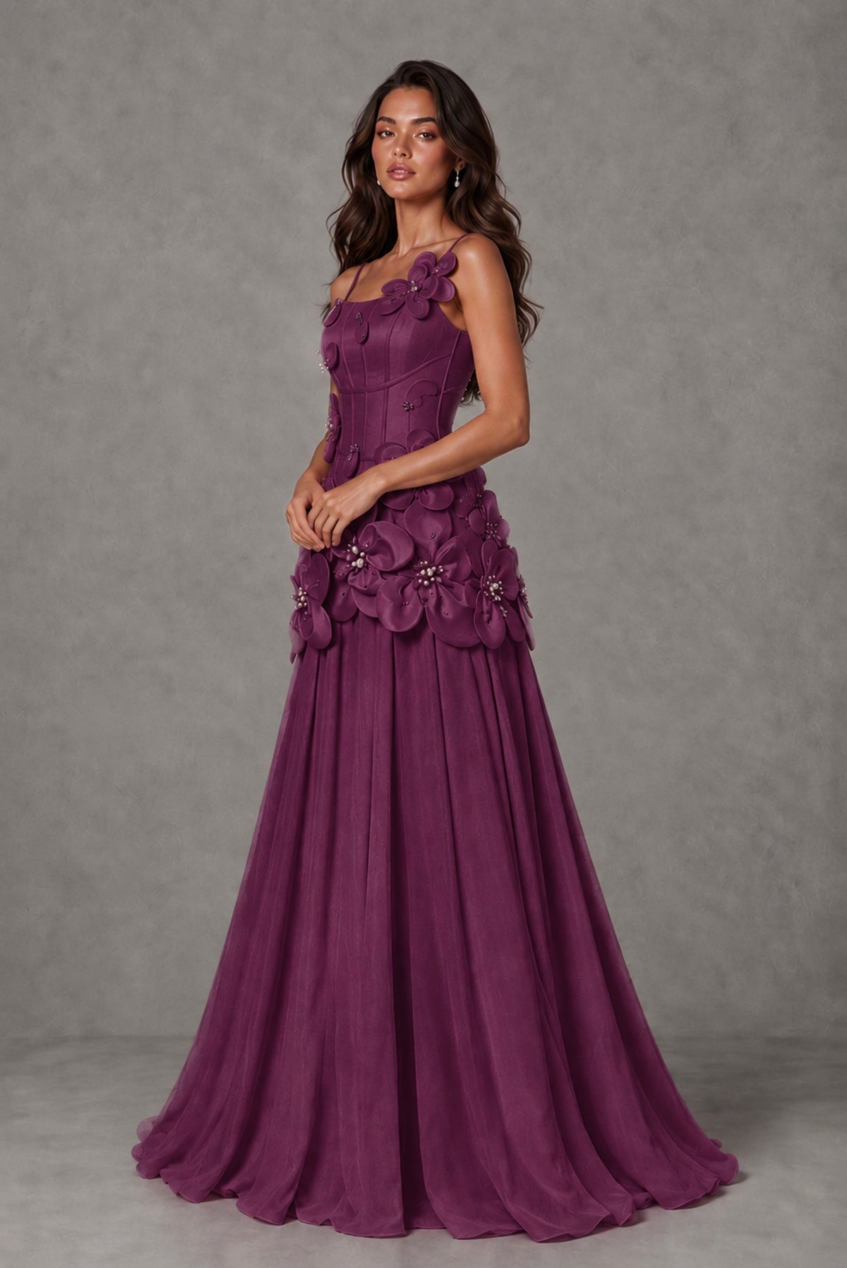 BOLODOO Plum 3D Floral Appliqué Floor-Length A-Line Evening Gown - Plum