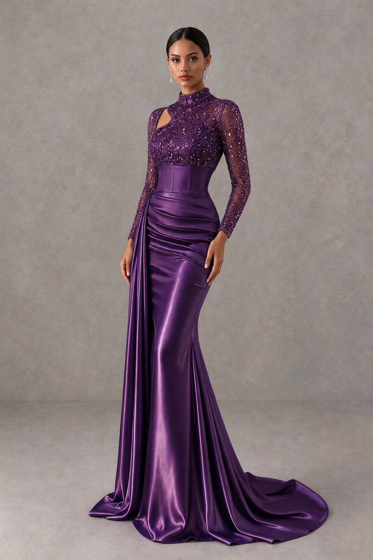 BOLODOO Plum Long Sleeve Embellished Satin Mermaid Evening Gown - Plum - Plum_3