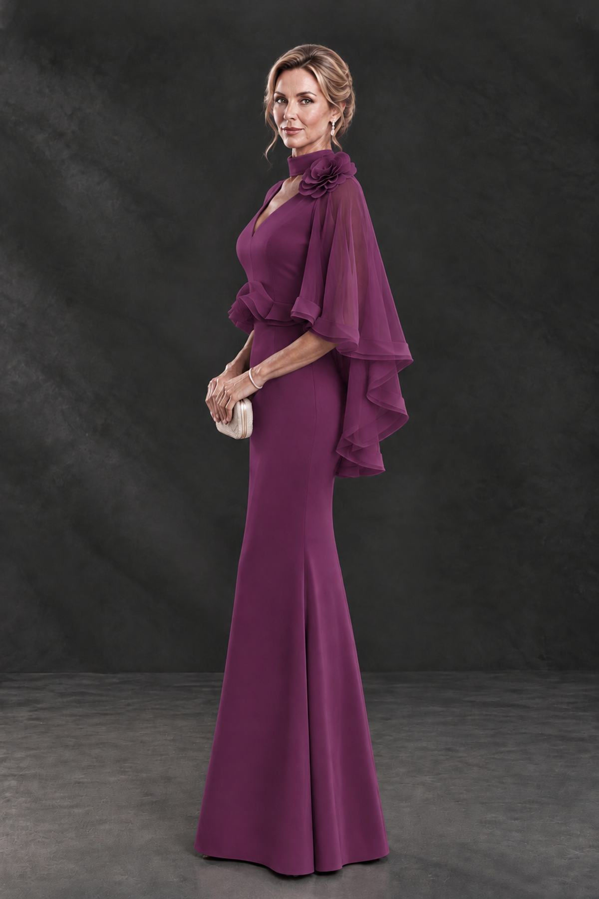 BOLODOO Plum Floral Cape Sleeve Mother of the Bride Dress - Plum - Plum_3