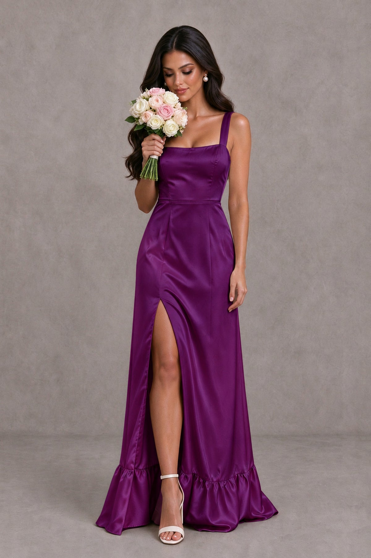 BOLODOO Plum Square Neck Satin Evening Dress with Lace-Up Back and High Slit - Plum - Plum_3