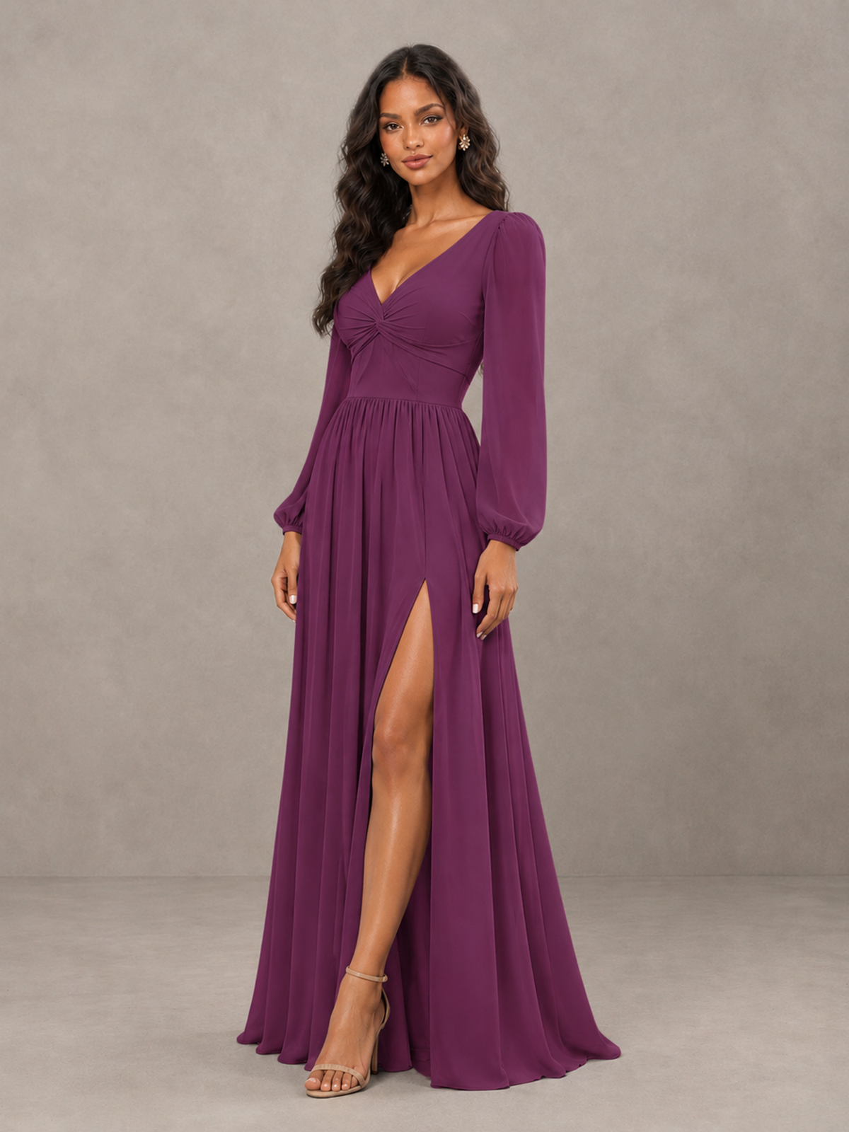BOLODOO Plum V-Neck Long Sleeve Bridesmaid Dress with Tie Back and Slit - Plum - Plum_3