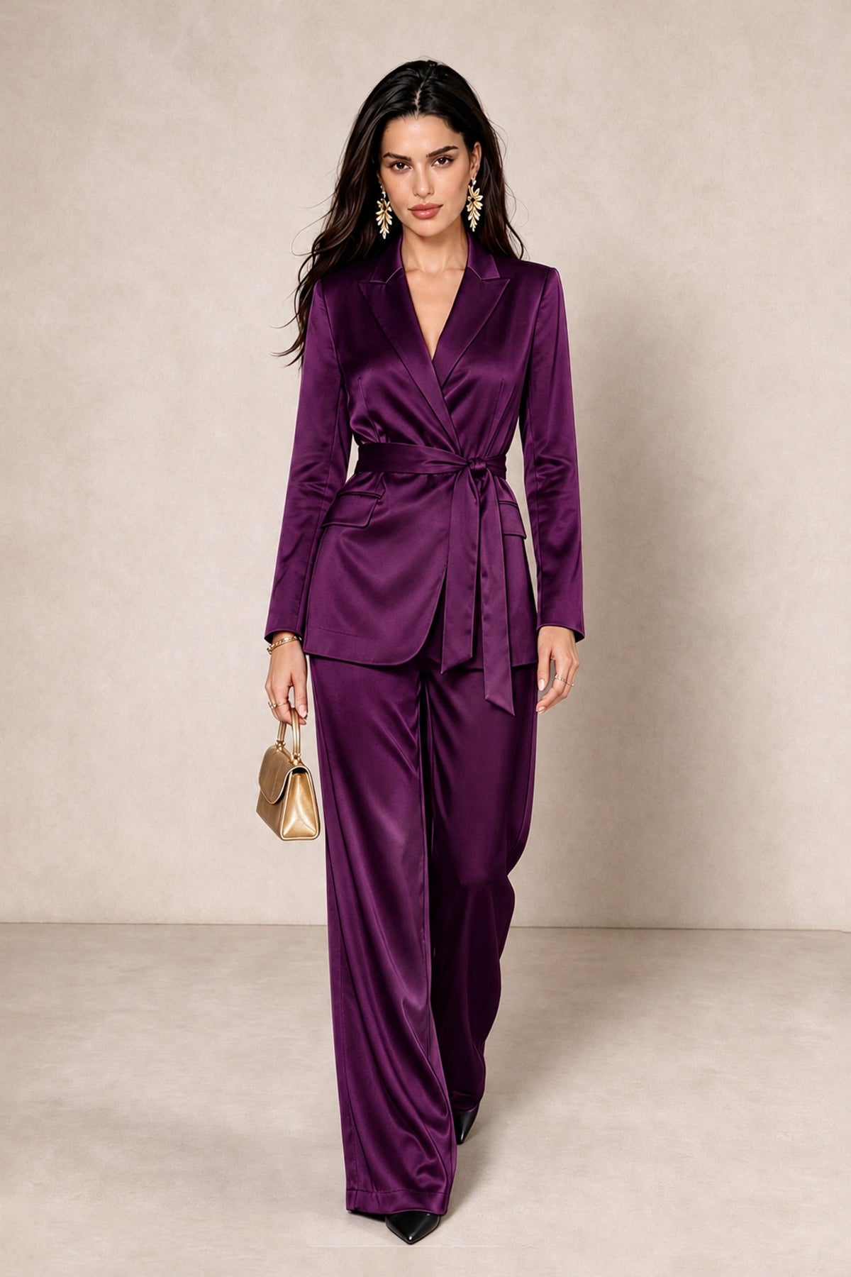 BOLODOO Plum Satin Wrap Blazer Wide-Leg Pants Two-Piece Suit Set – Evening Gala Wedding Guest - Plum - Plum_3