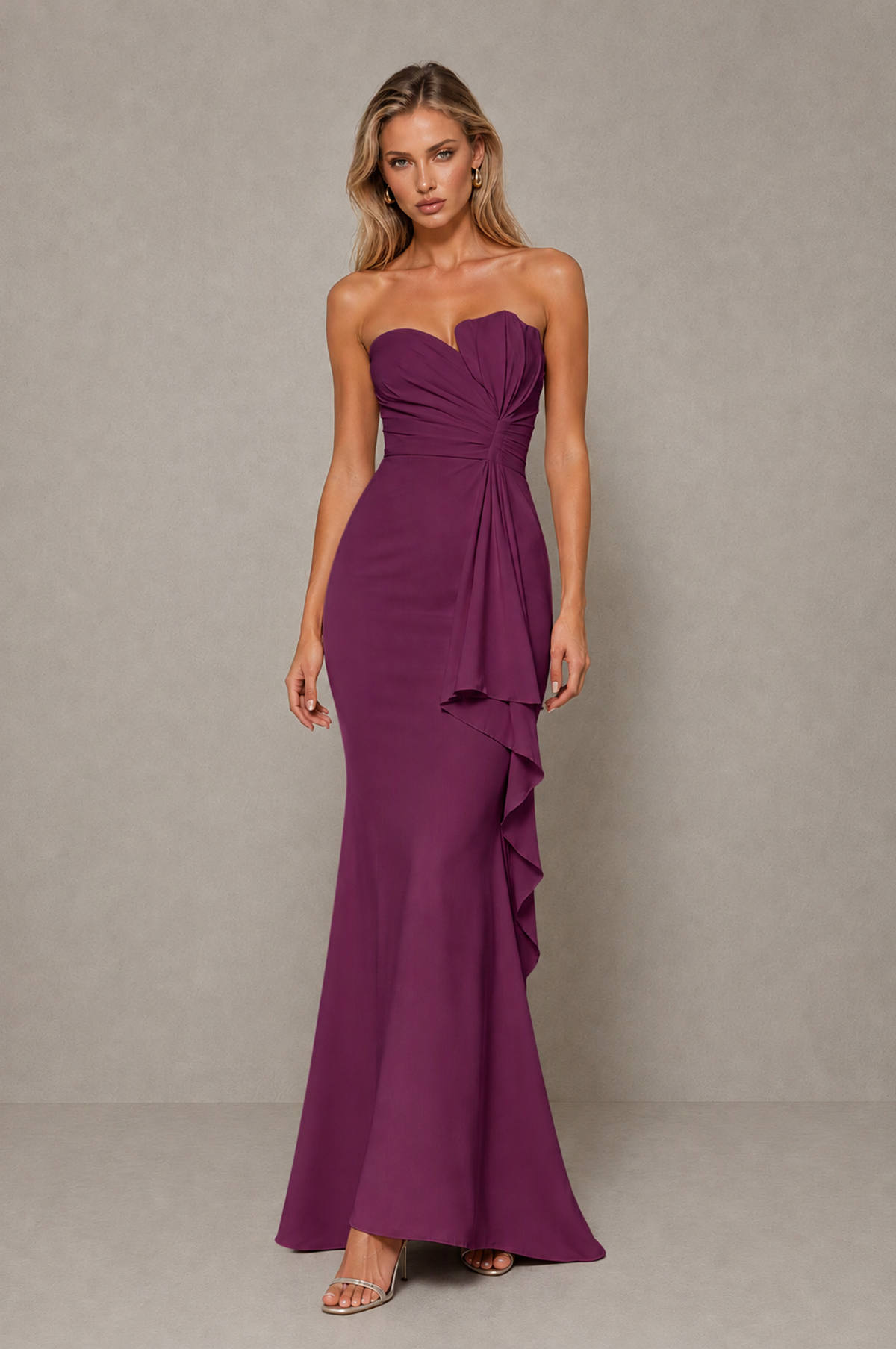 BOLODOO Plum Strapless Sweetheart Ruched Mermaid Gown | Cascade Drape Formal Evening Dress - Plum - Plum_3