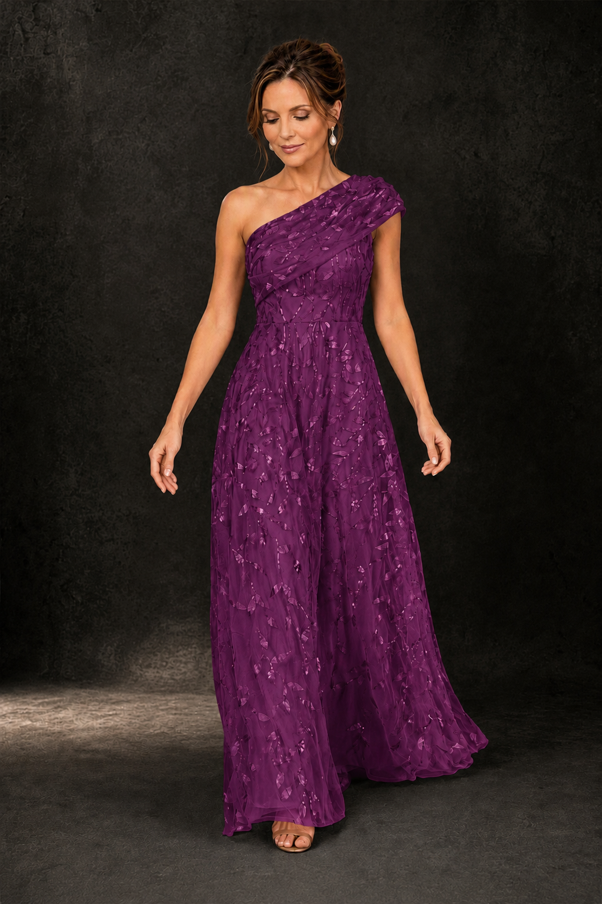 BOLODOO Plum Leaf Sequin One-Shoulder A-Line Maxi Gown – Mother of the Bride & Formal Evening Dress - Plum - Plum_3
