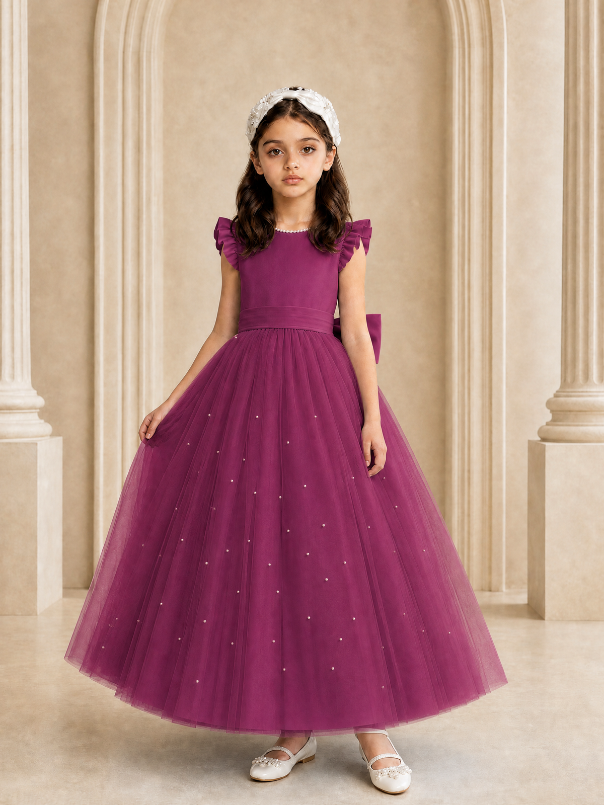 BOLODOO Plum Tulle Flower Girl Dress with Ruffle Sleeves & Bow Back - Plum - Plum_3