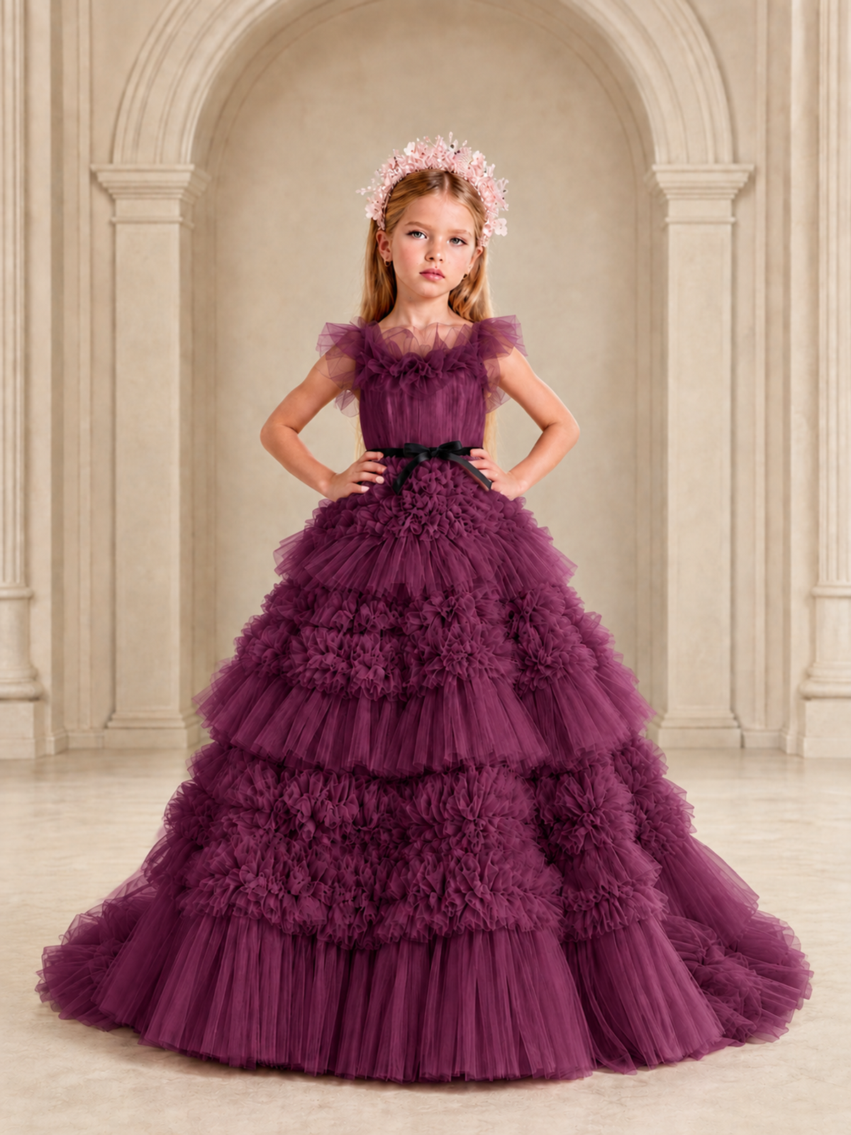 BOLODOO Plum Tiered Tulle Flower Girl Dress with Floral Appliques - Plum - Plum_3