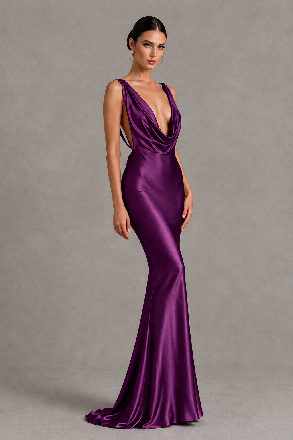 BOLODOO Plum Cowl Neck Backless Satin Mermaid Evening Dress - Plum - Plum_3