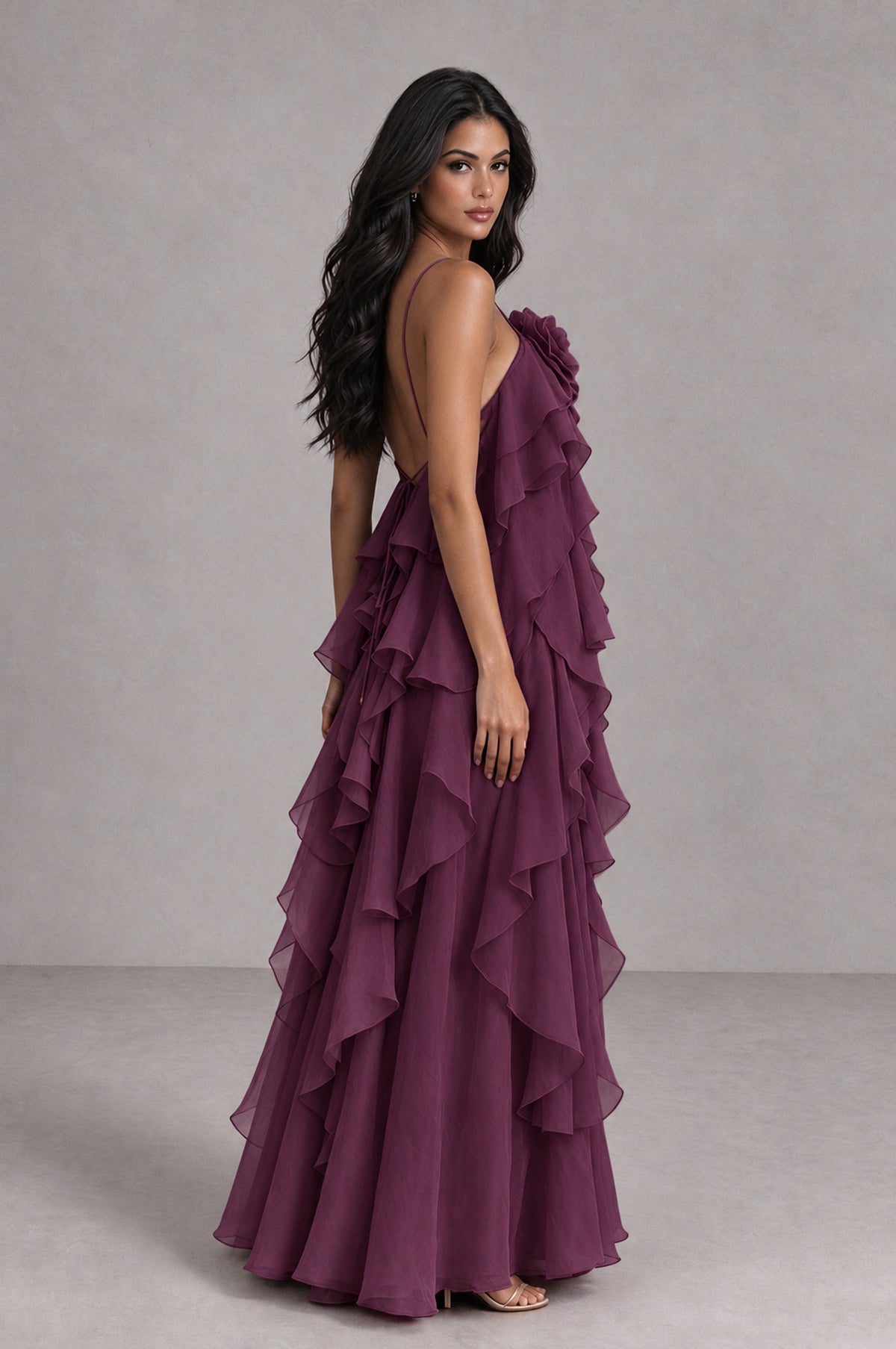 BOLODOO Plum Cascading Ruffle Rosette Open-Back Maxi Dress - Plum - Plum_3