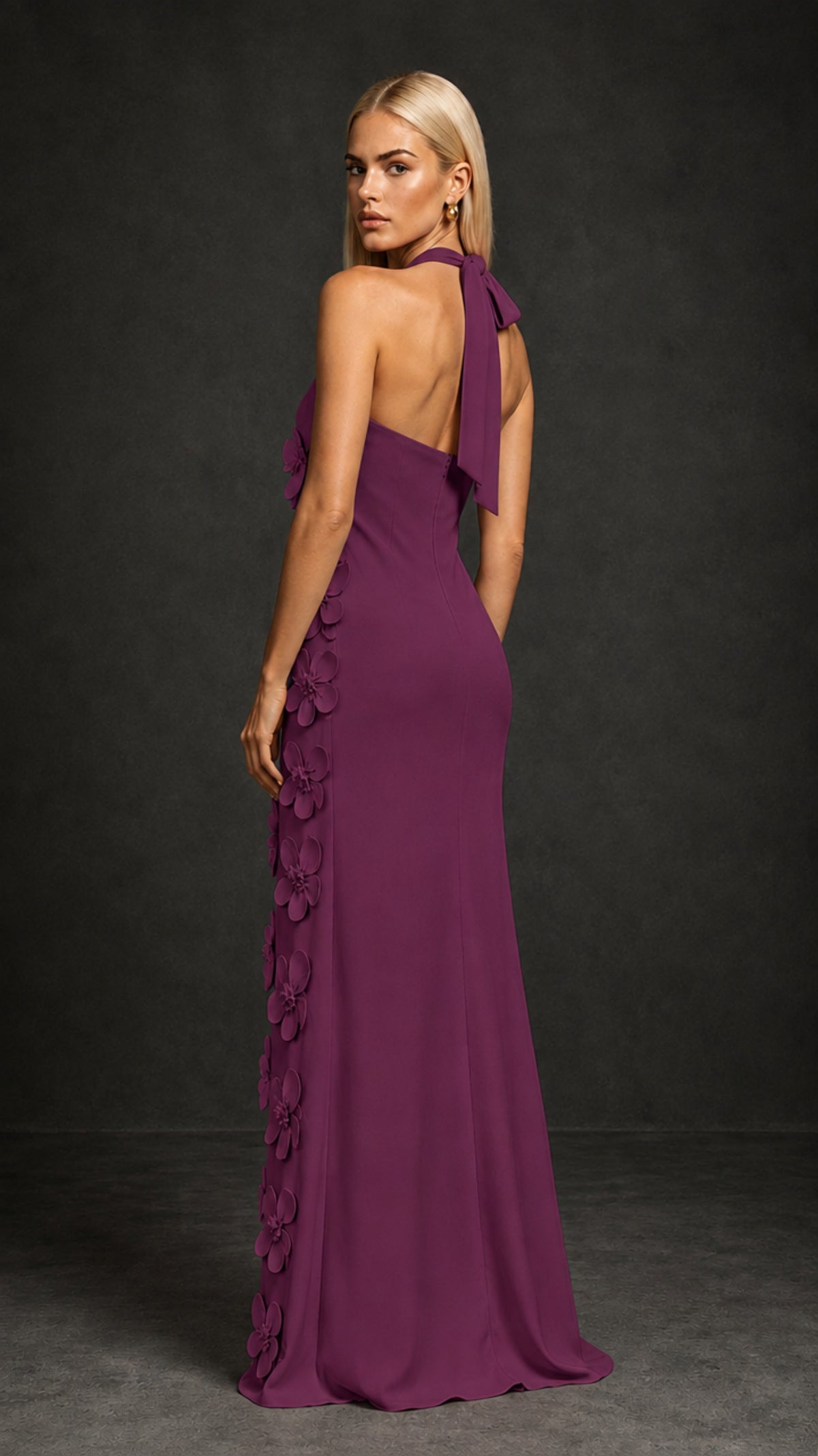 BOLODOO Plum Cross Halter Neck 3D Floral Appliqué Backless Mermaid Maxi Gown - Plum